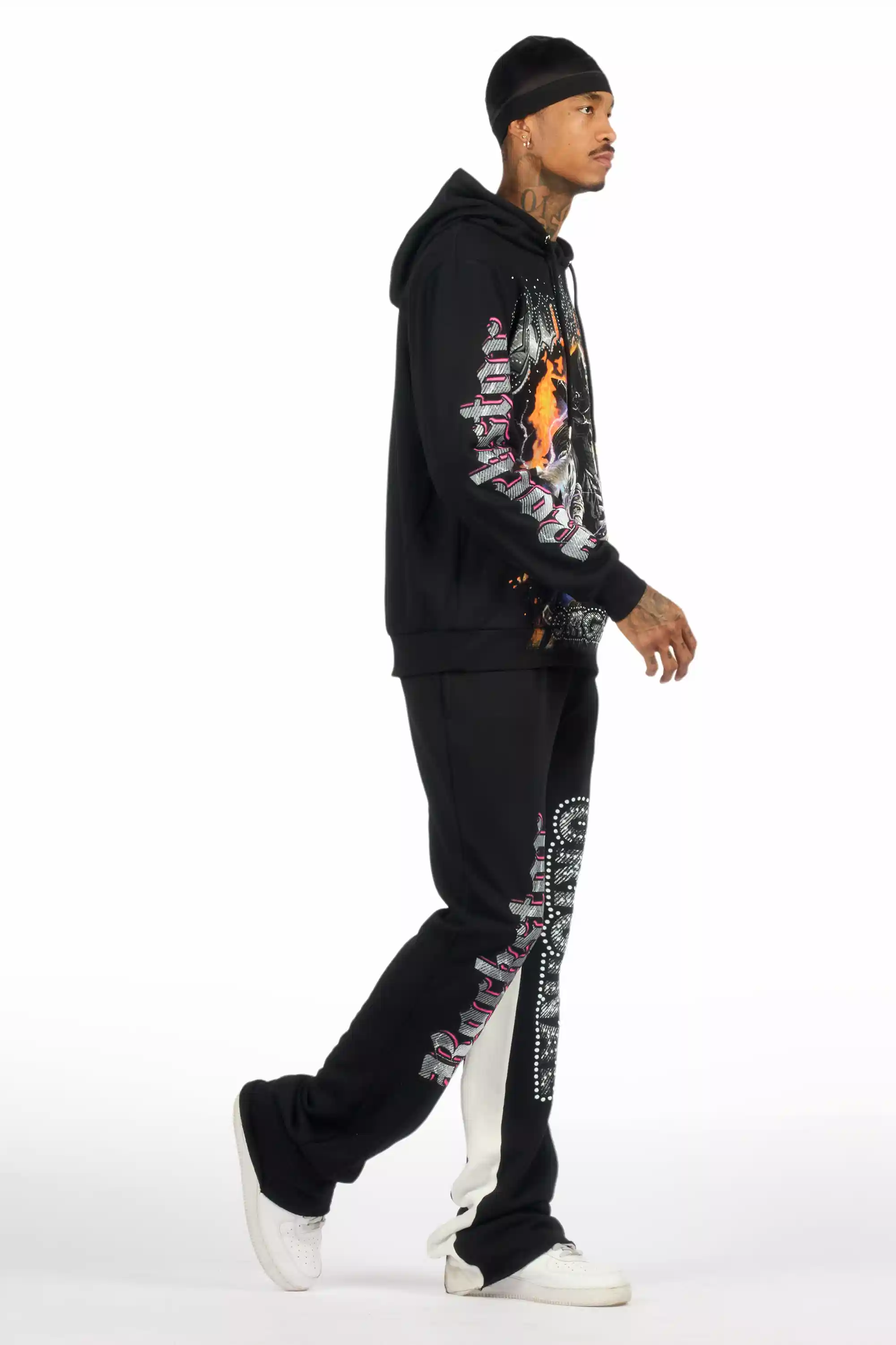 Bixner Black/Multi Hoodie/Baggy Stacked Track Pant Set - Image 3