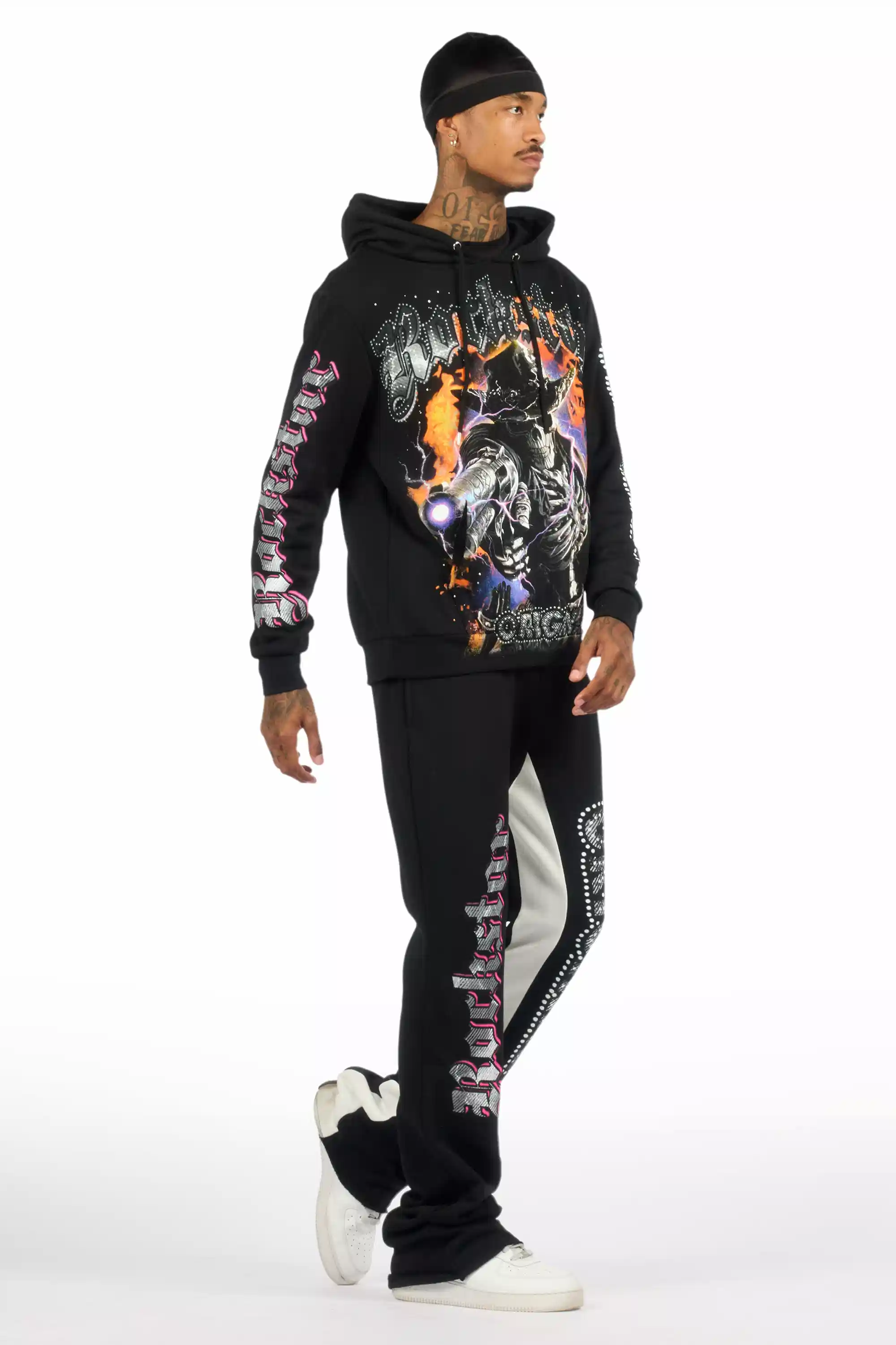 Bixner Black/Multi Hoodie/Baggy Stacked Track Pant Set - Image 4