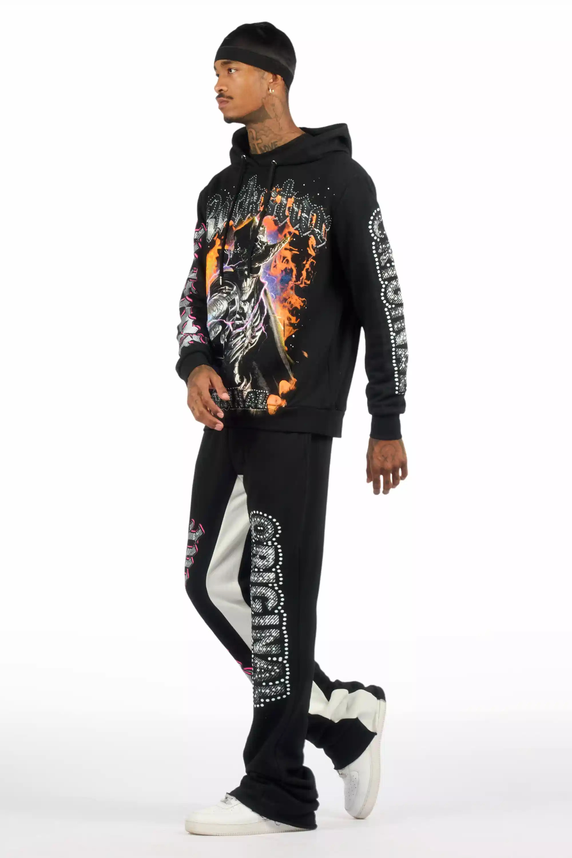 Bixner Black/Multi Hoodie/Baggy Stacked Track Pant Set - Image 6