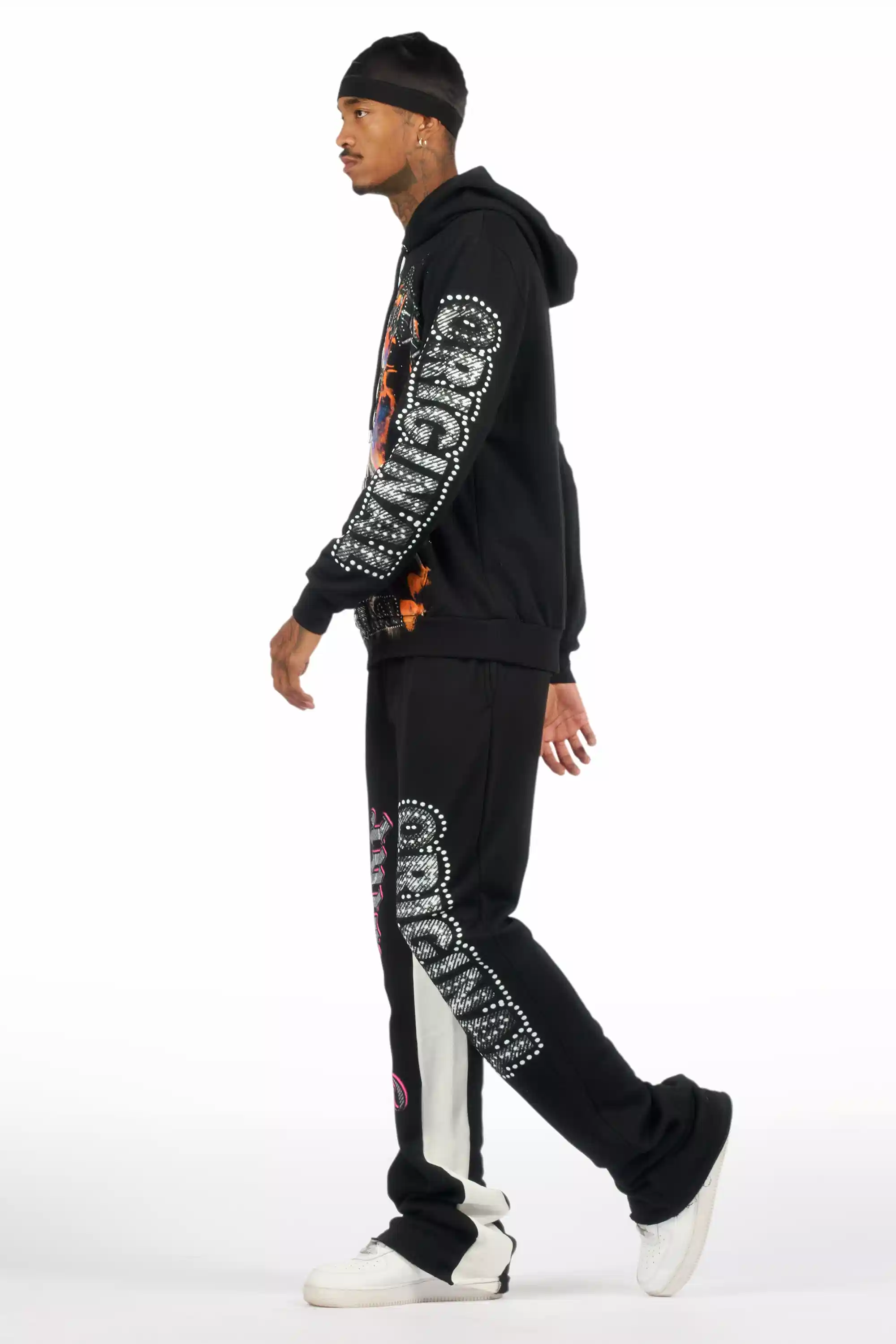 Bixner Black/Multi Hoodie/Baggy Stacked Track Pant Set - Image 7