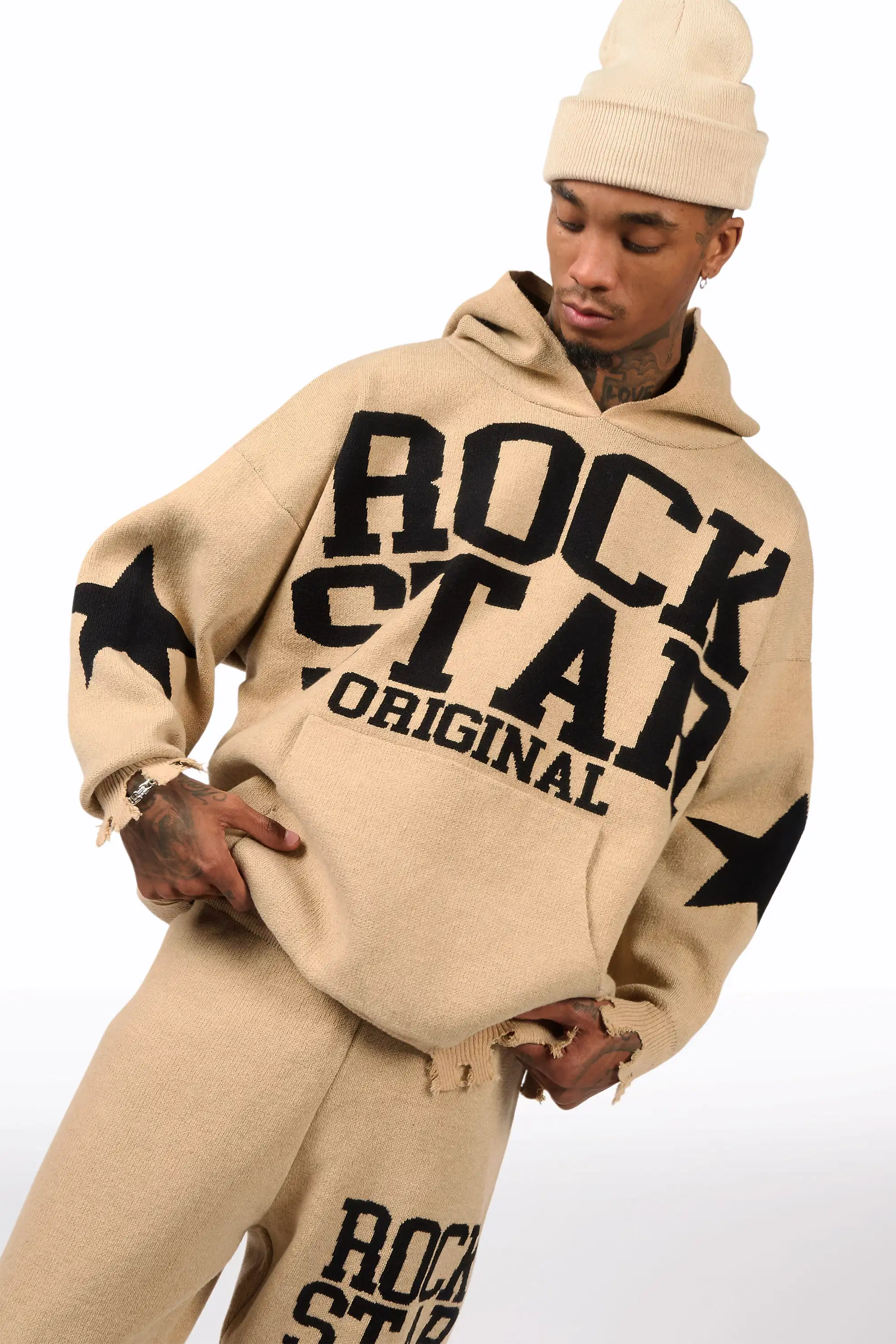 Outlaw Beige Hoodie Stacked Flare Knitted Set - Image 3