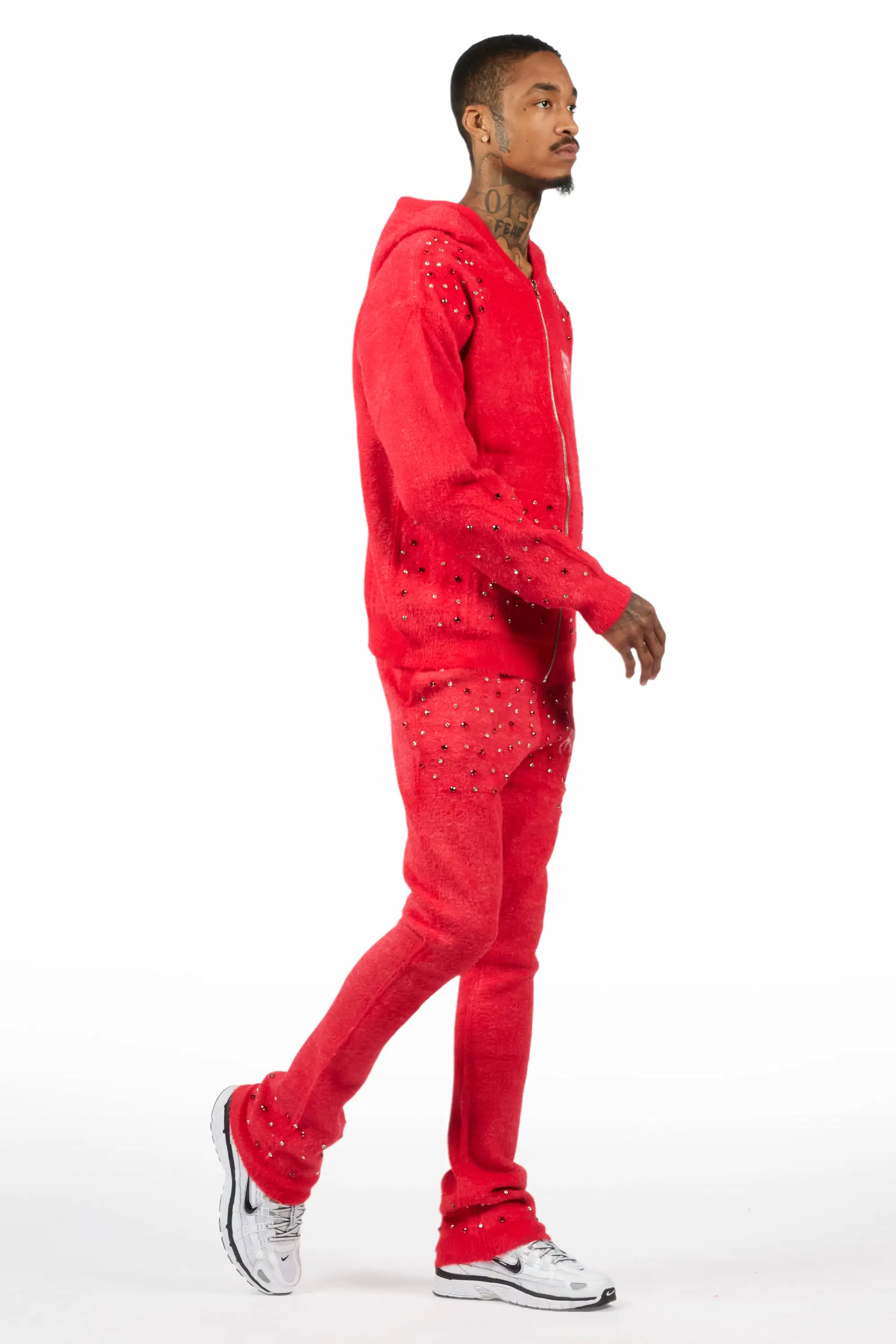 Lapiz Red Rhinestone Mohair Knit Stacked Flare Track Set - Image 3