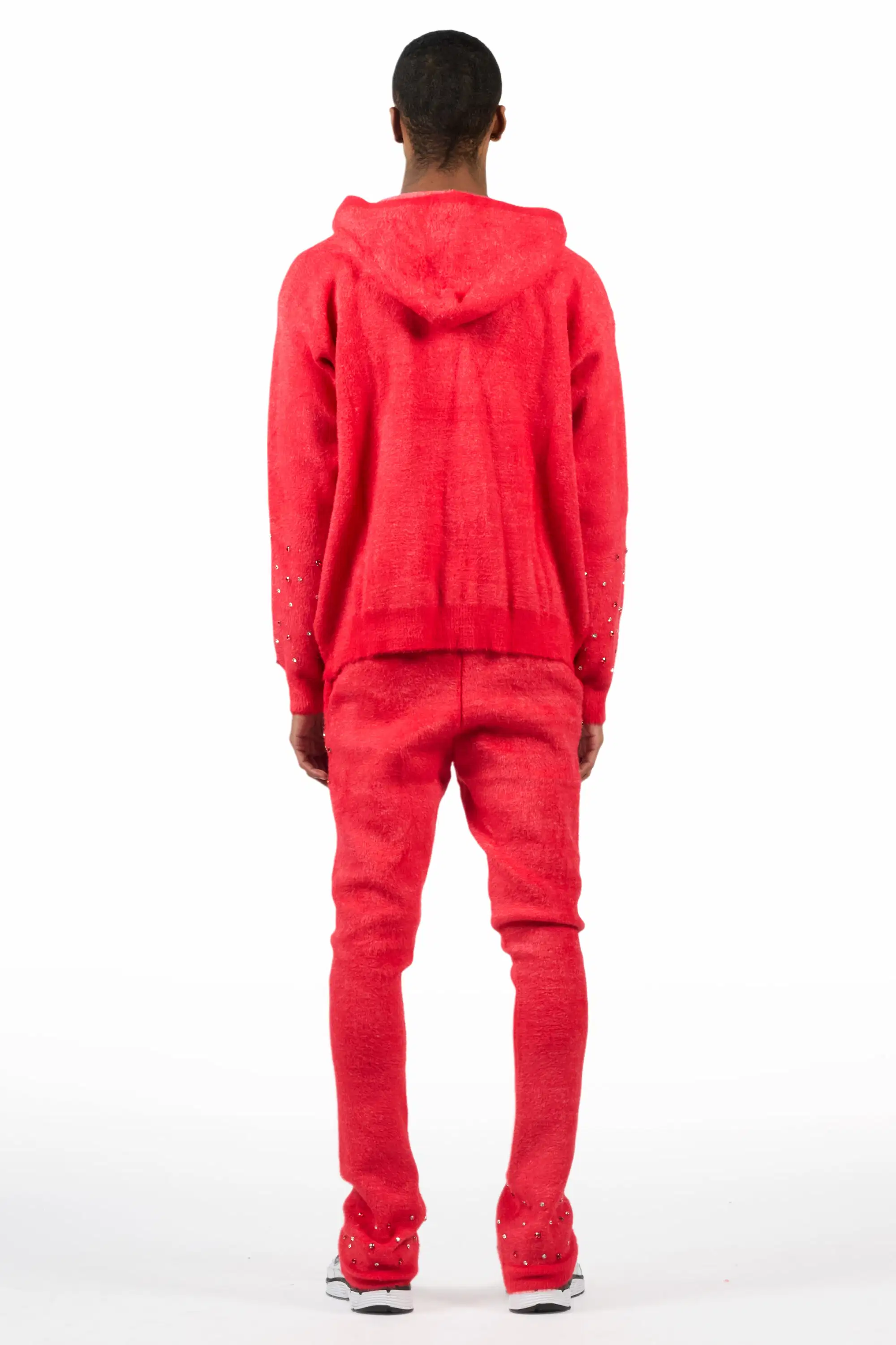 Lapiz Red Rhinestone Mohair Knit Stacked Flare Track Set - Image 5