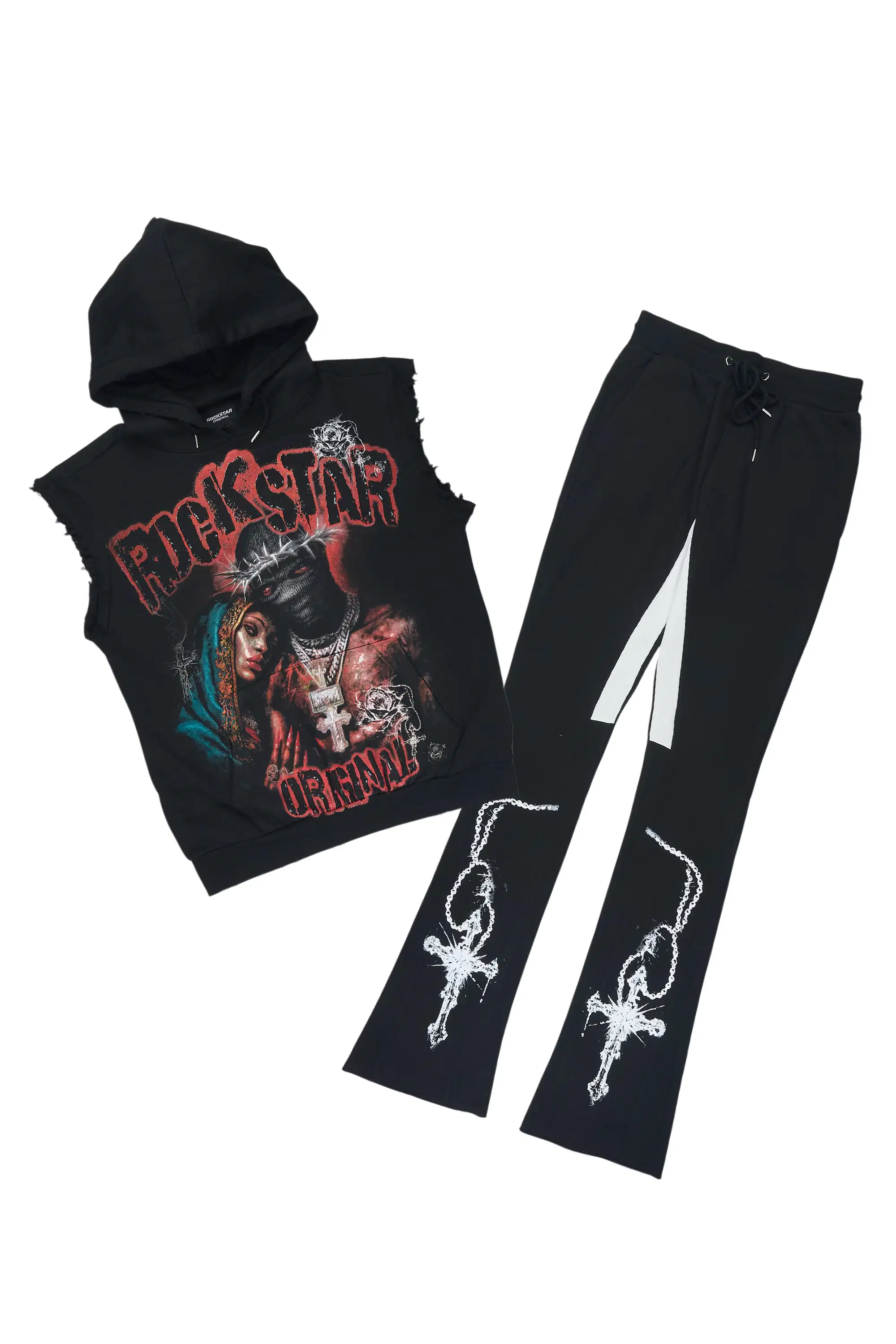 Vontae Black/Red Cut Sleeve Hoodie/Stacked Flare Track Set