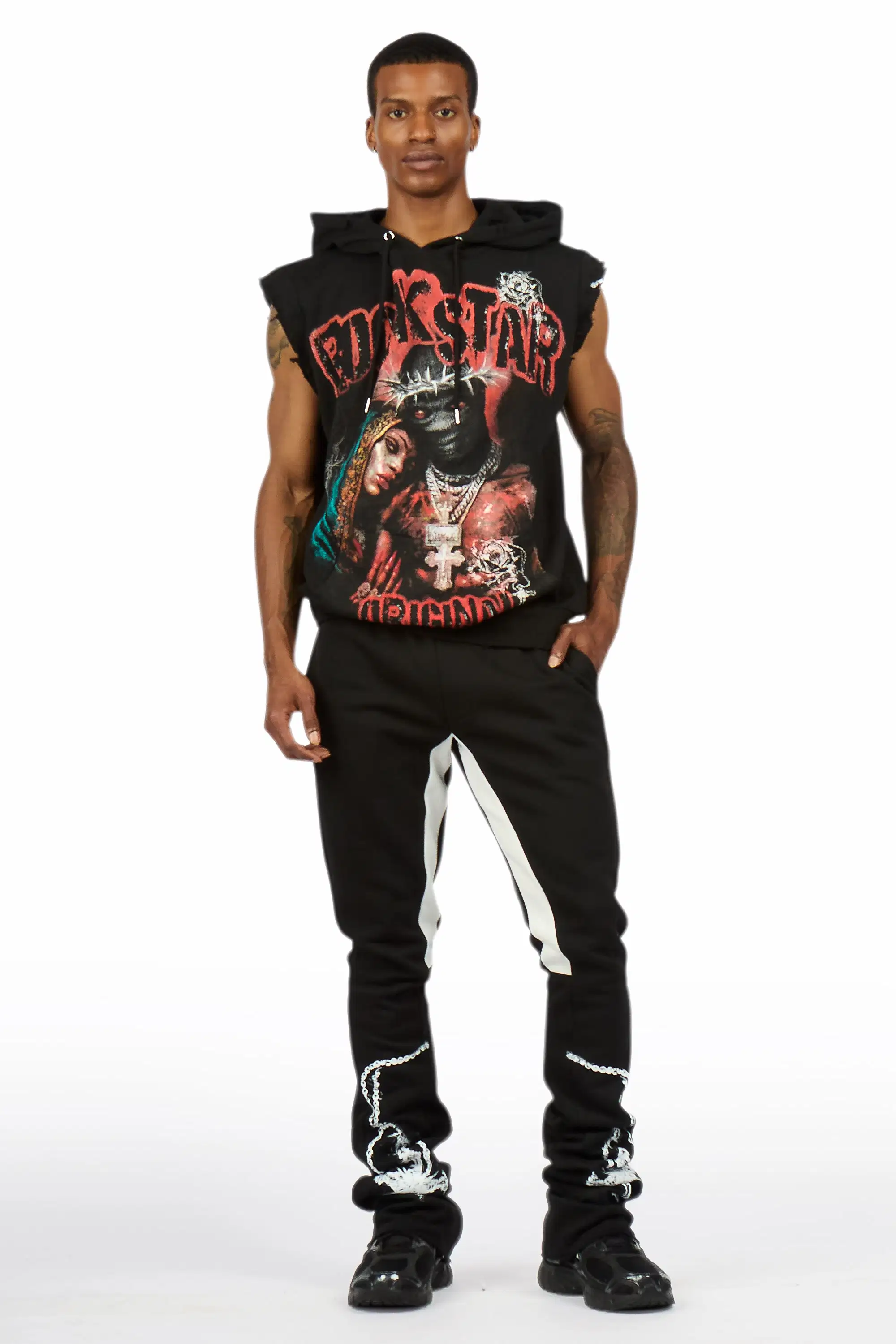 Vontae Black/Red Cut Sleeve Hoodie/Stacked Flare Track Set - Image 2