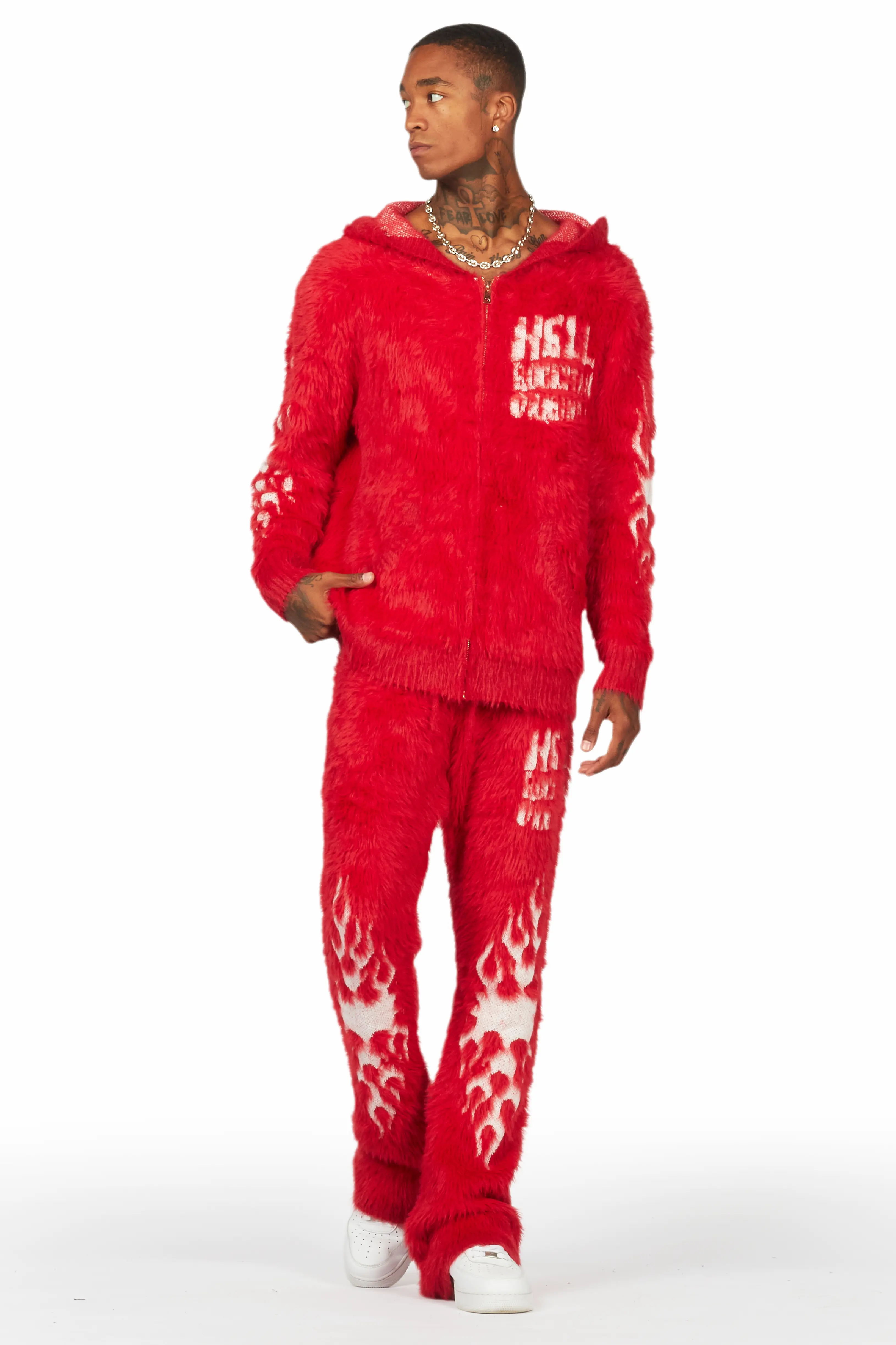 Toshio Red Stacked Flare Knitted Mohair Track Set - Image 2