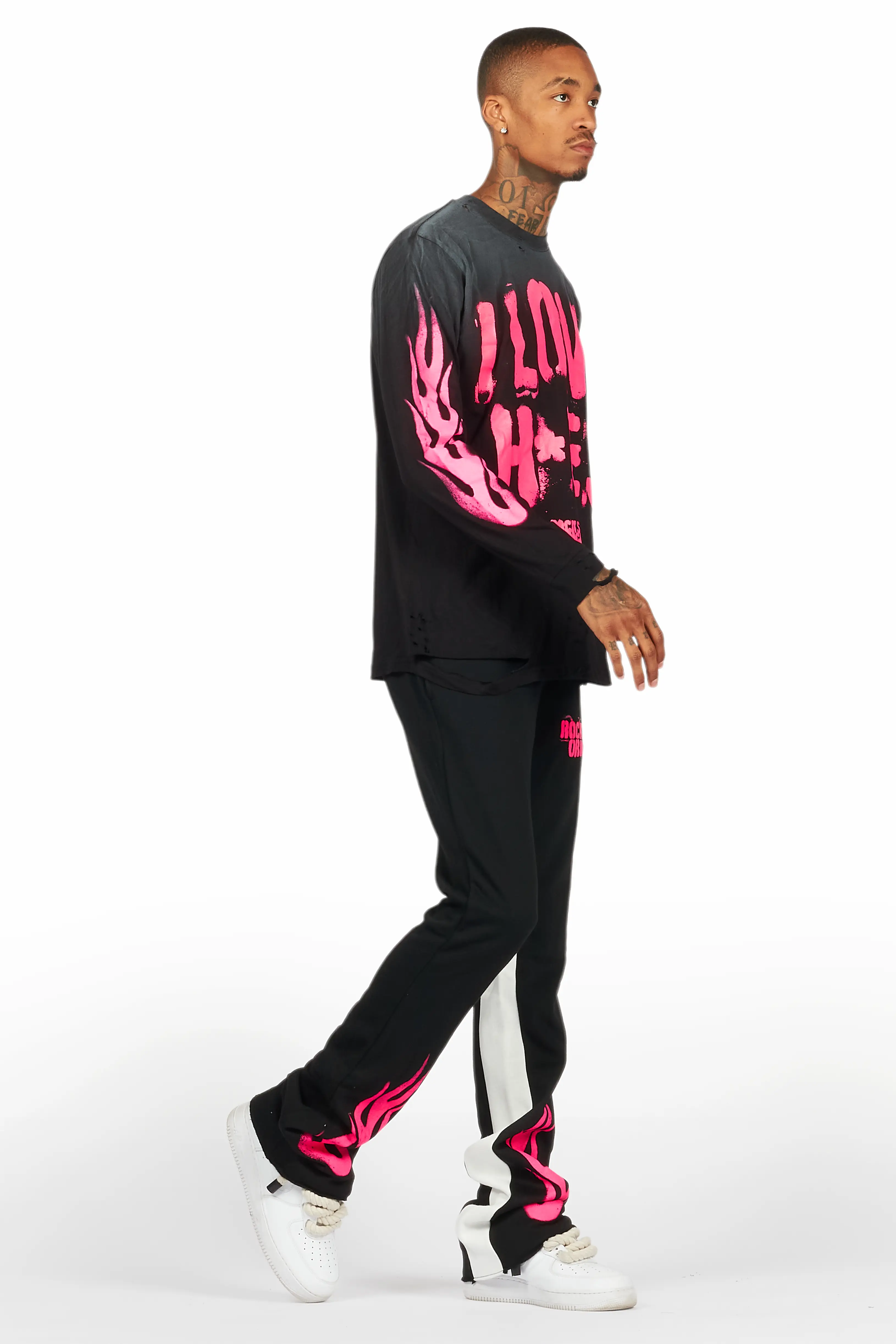 Banyan Black/Pink Long Sleeve T-Shirt/Stacked Baggy Track Pant Set - Image 6
