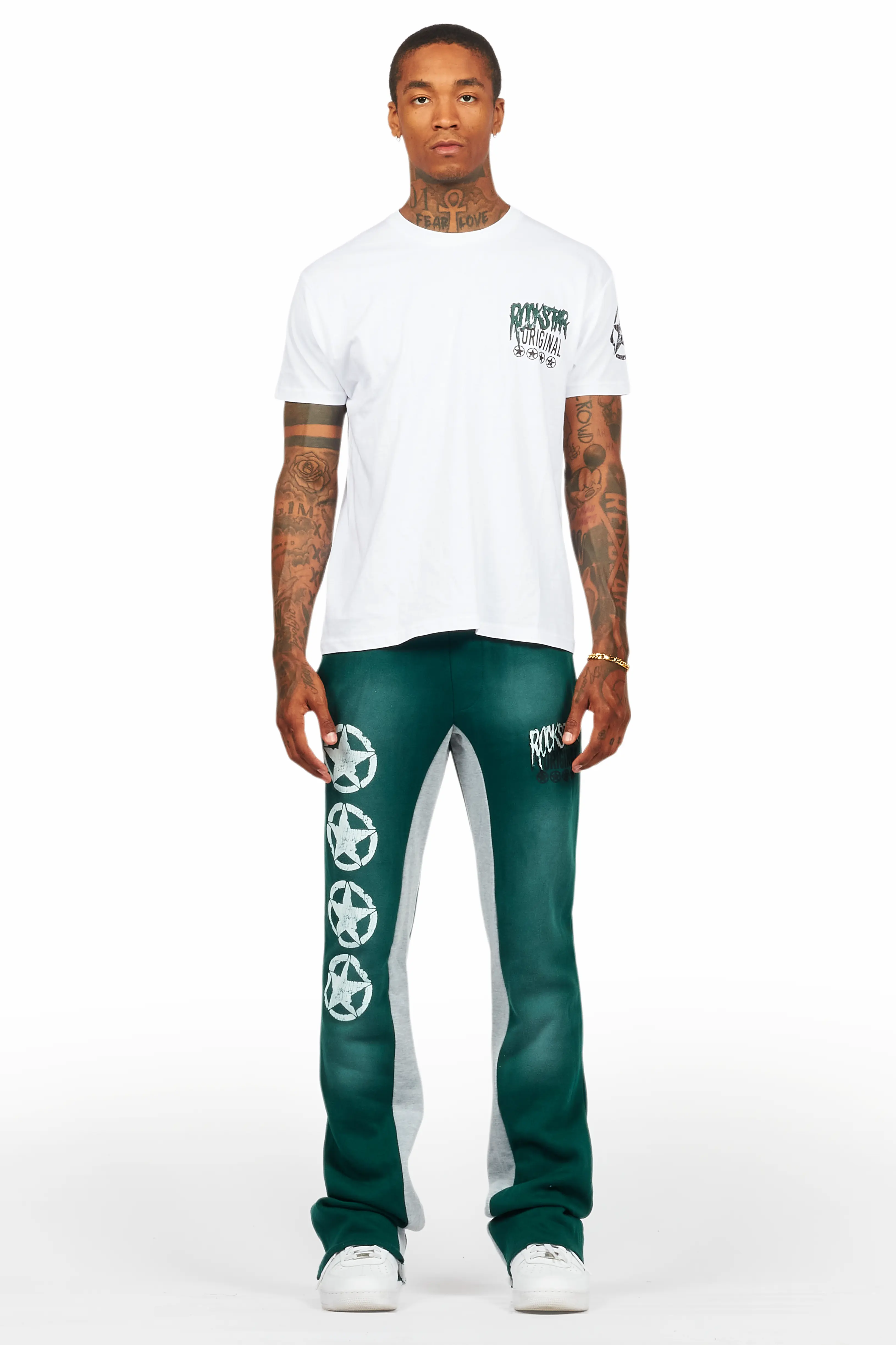 Wizzurd White/Green T-Shirt/Stacked Baggy Track Pant Set - Image 2