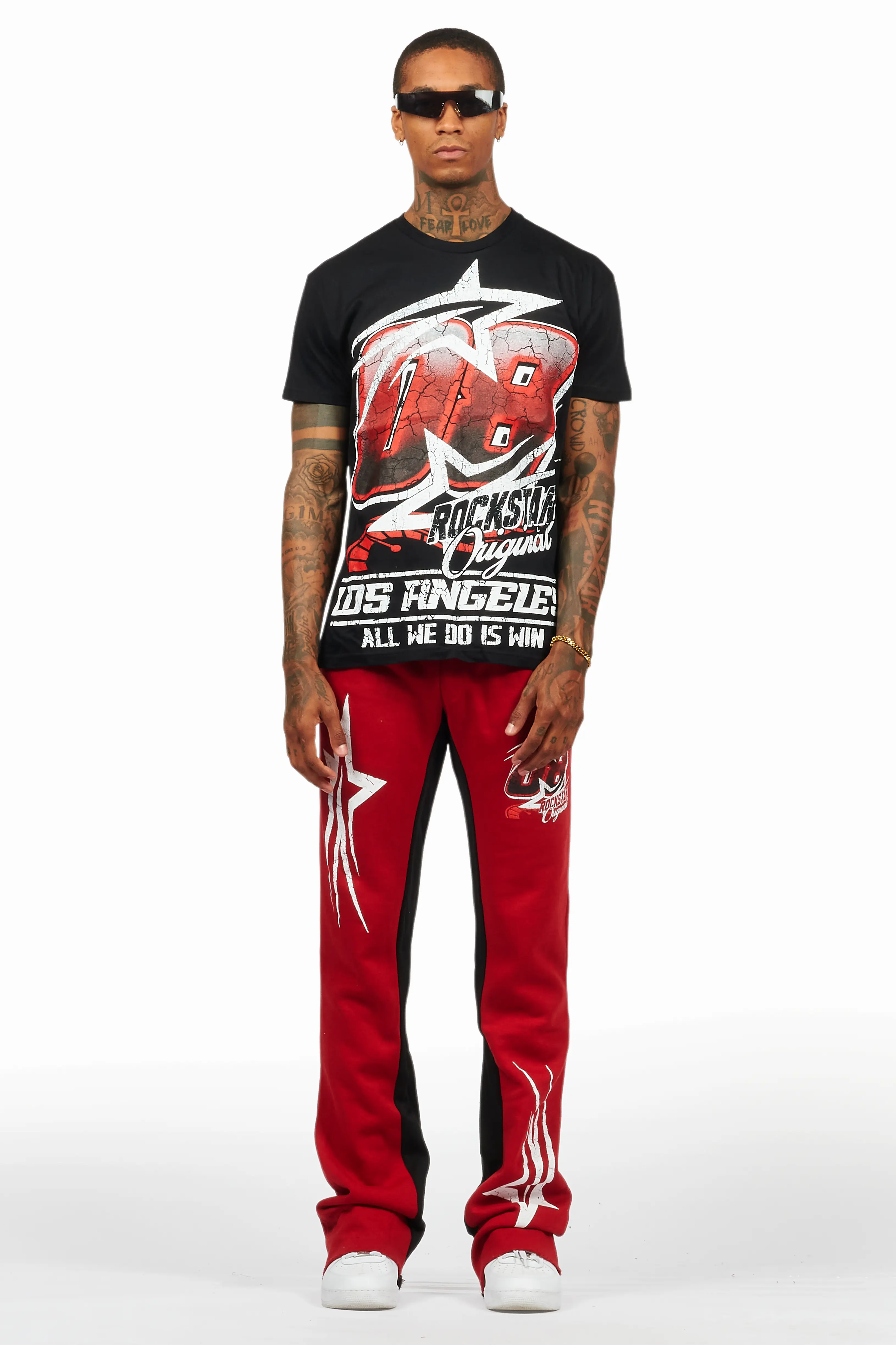 Kastell Black/Burgundy T-Shirt/Stacked Baggy Track Pant Set - Image 2