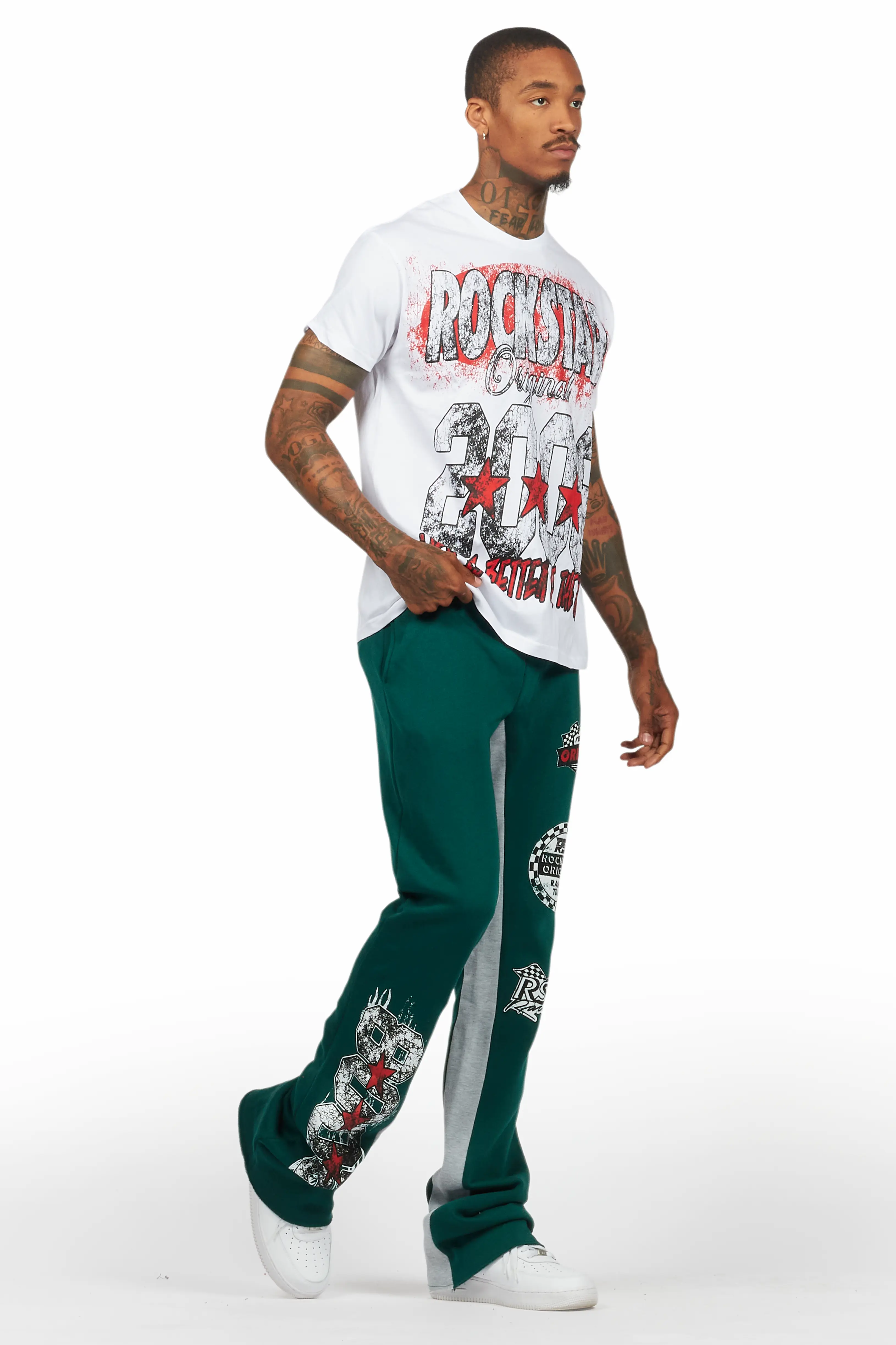 Racing Grung White/Green T-Shirt/Stacked Baggy Track Pant Set - Image 6