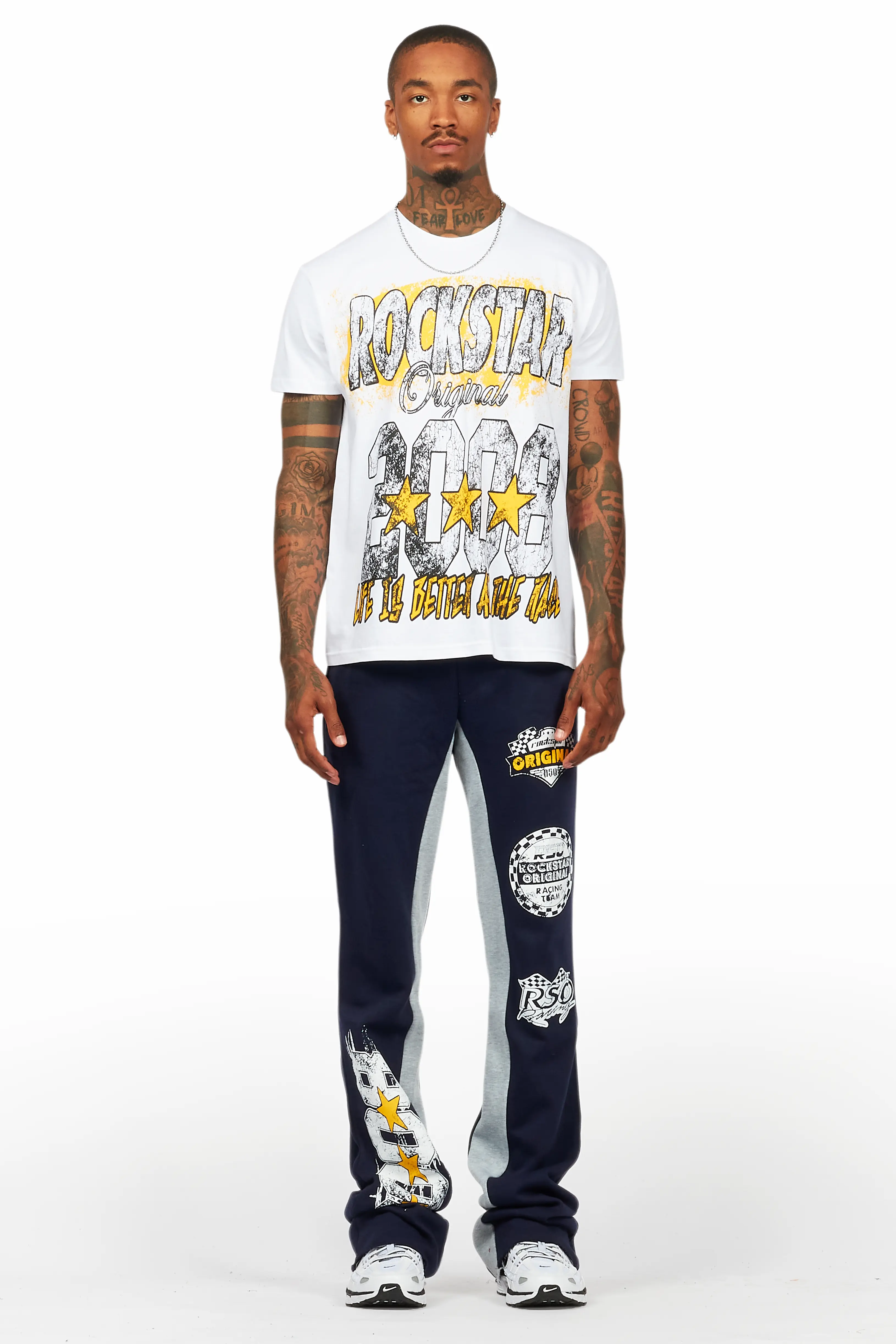 Racing Grung White/Navy T-Shirt/Stacked Baggy Track Pant Set - Image 2