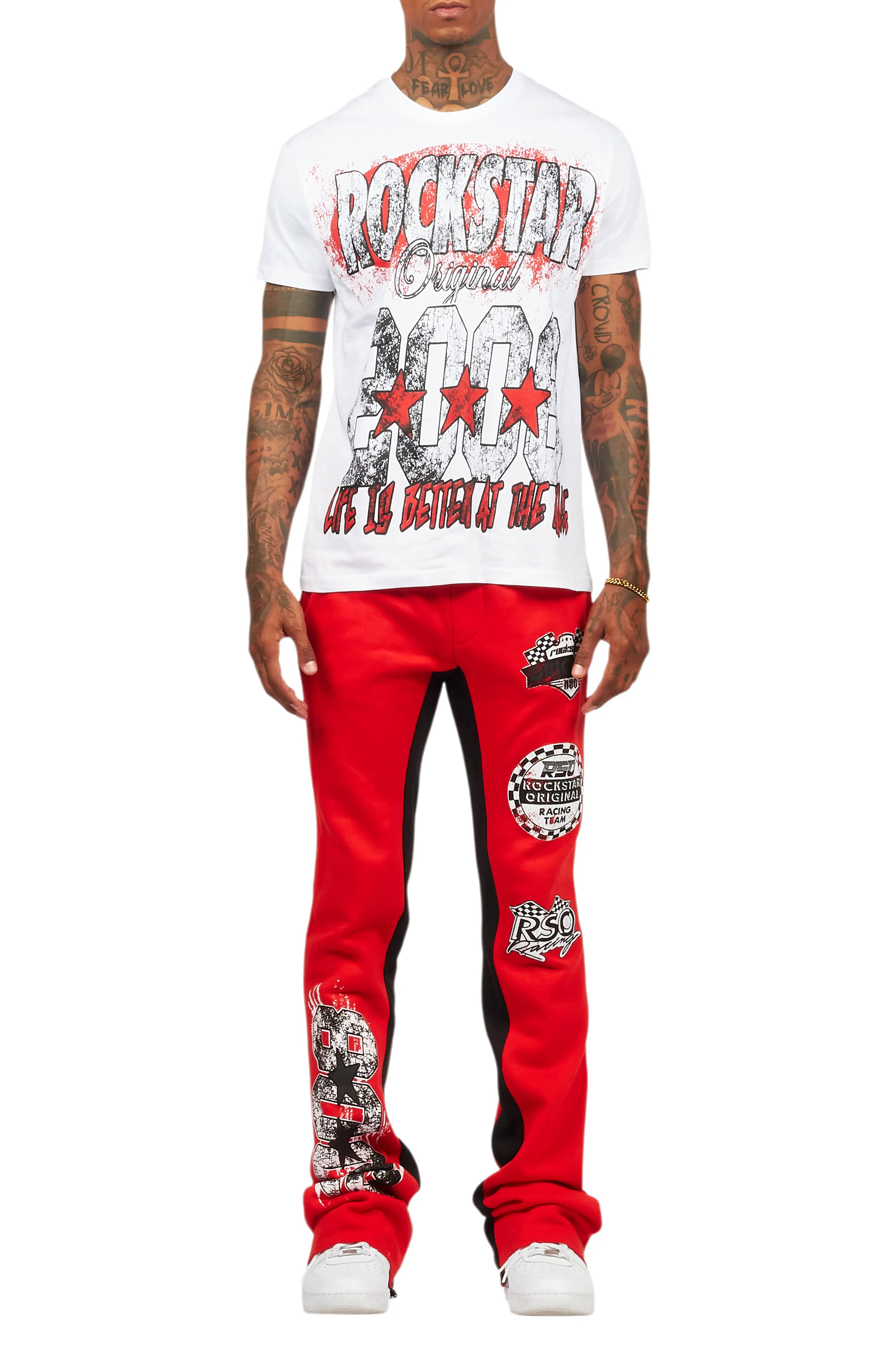 Racing Grung White/Red T-Shirt/Stacked Baggy Track Pant Set - Image 9