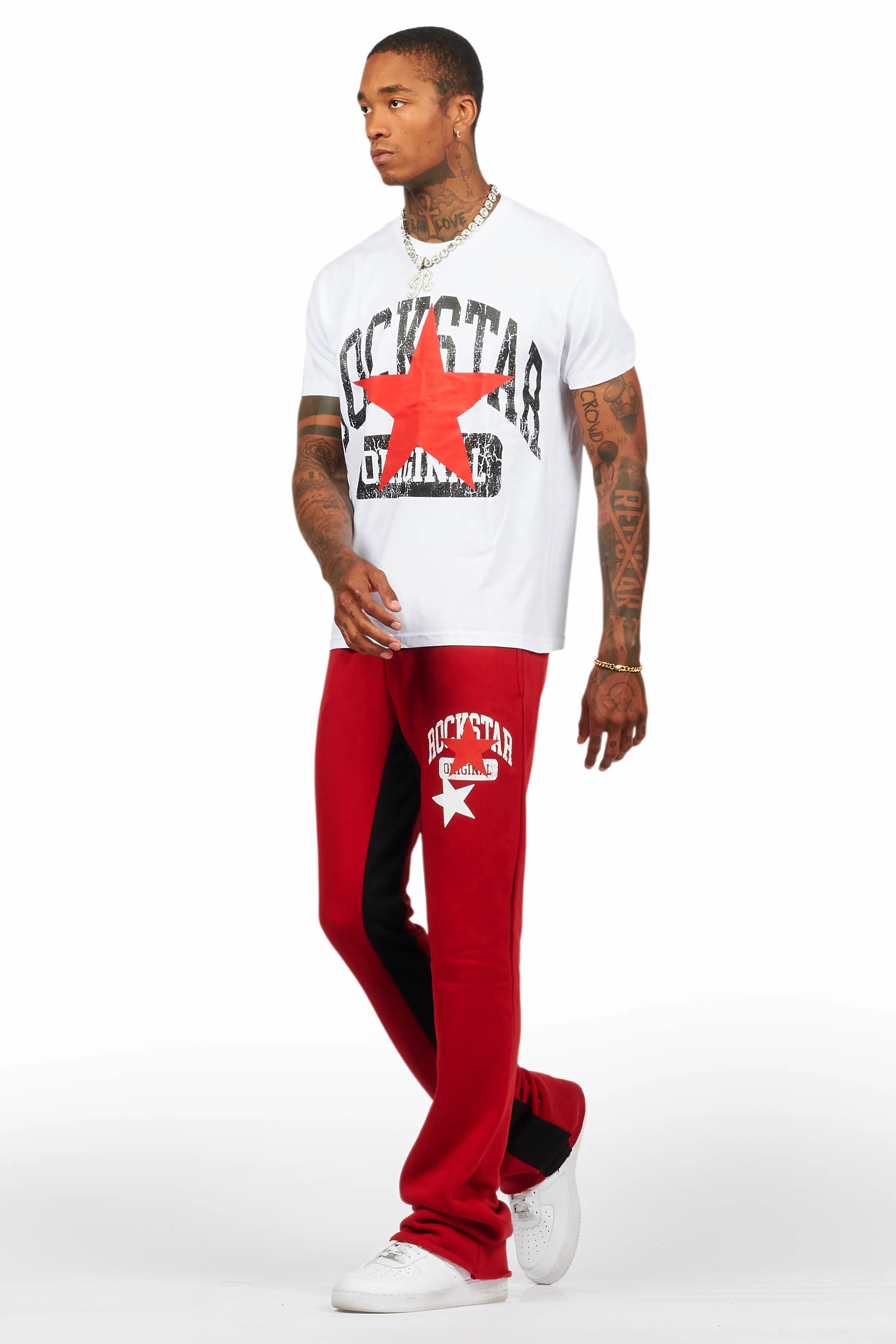 Mallor White/Burgundy T-Shirt/Stacked Baggy Track Pant Set - Image 5