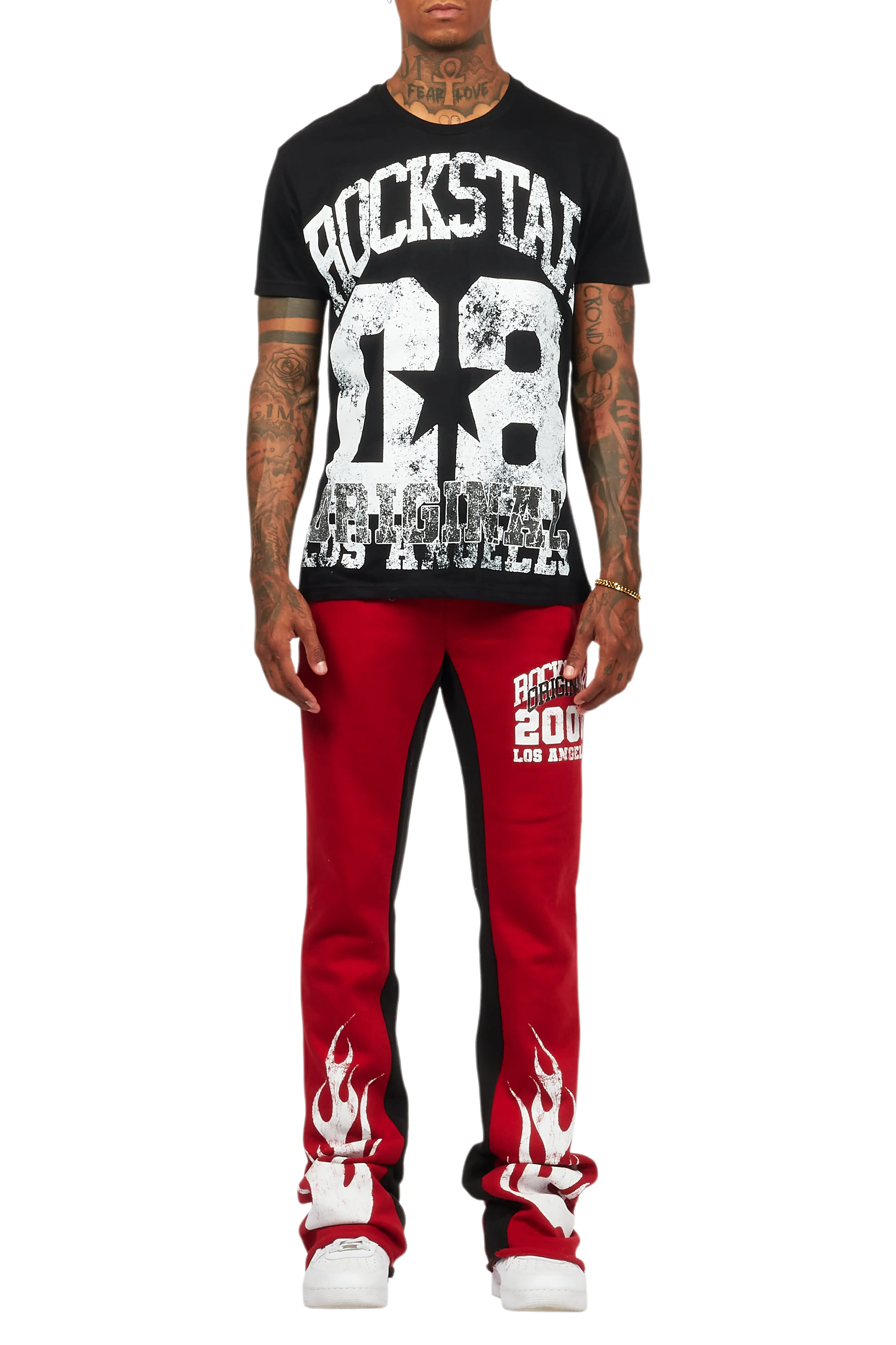 Edel Black/Burgundy T-Shirt/Stacked Baggy Track Pant Set - Image 9