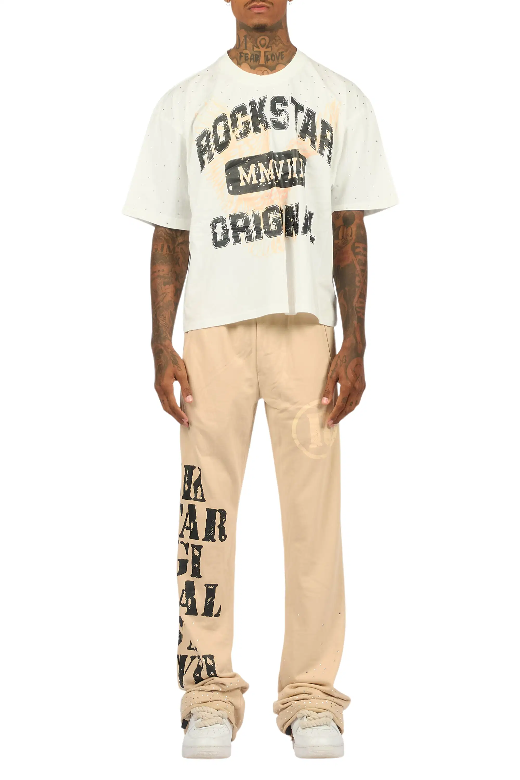 Borya Beige Rhinestone T-Shirt/Baggy Stacked Track Set - Image 10