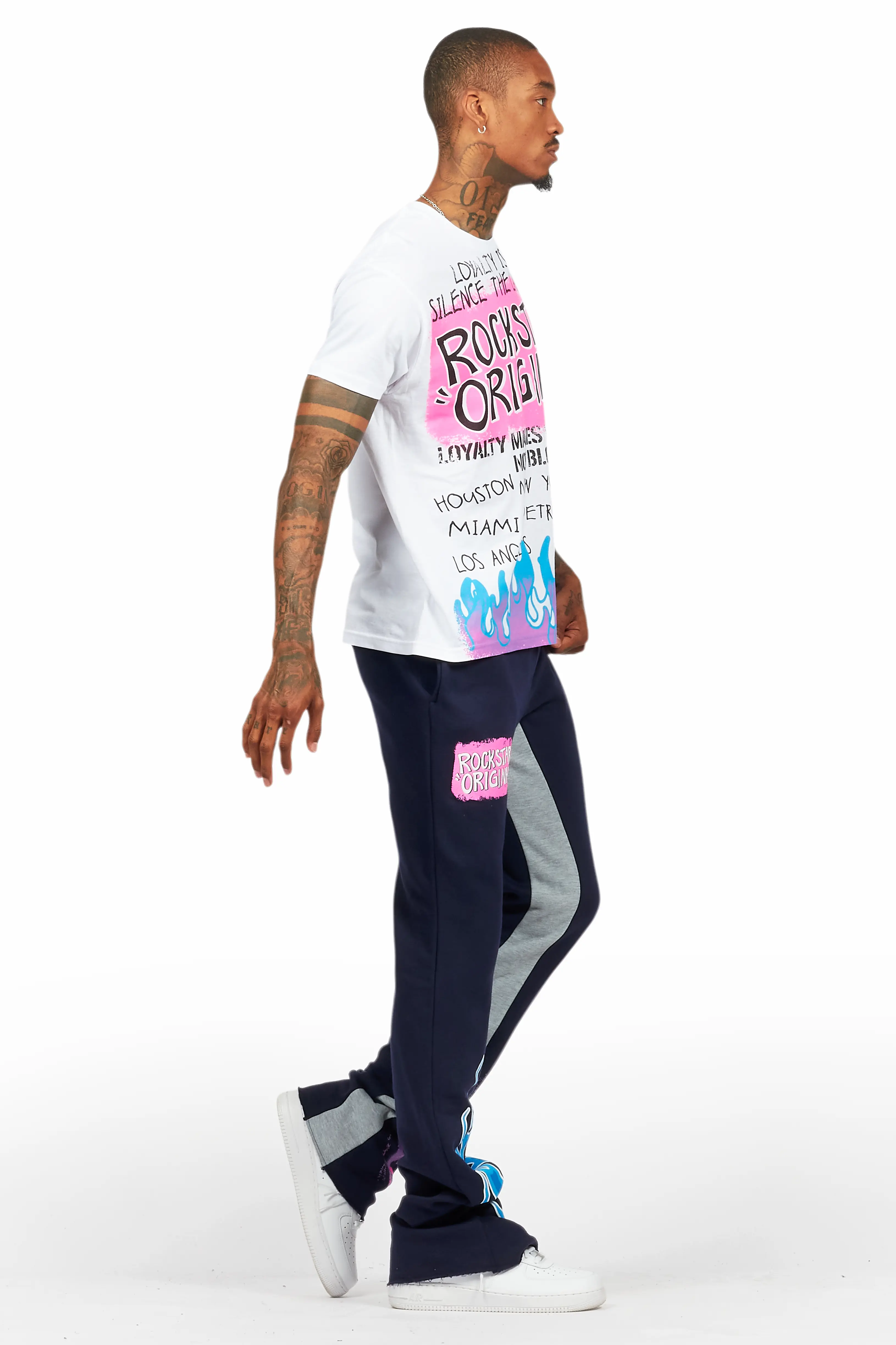 Beno White/Navy T-Shirt/Baggy Stacked Pant Set - Image 3