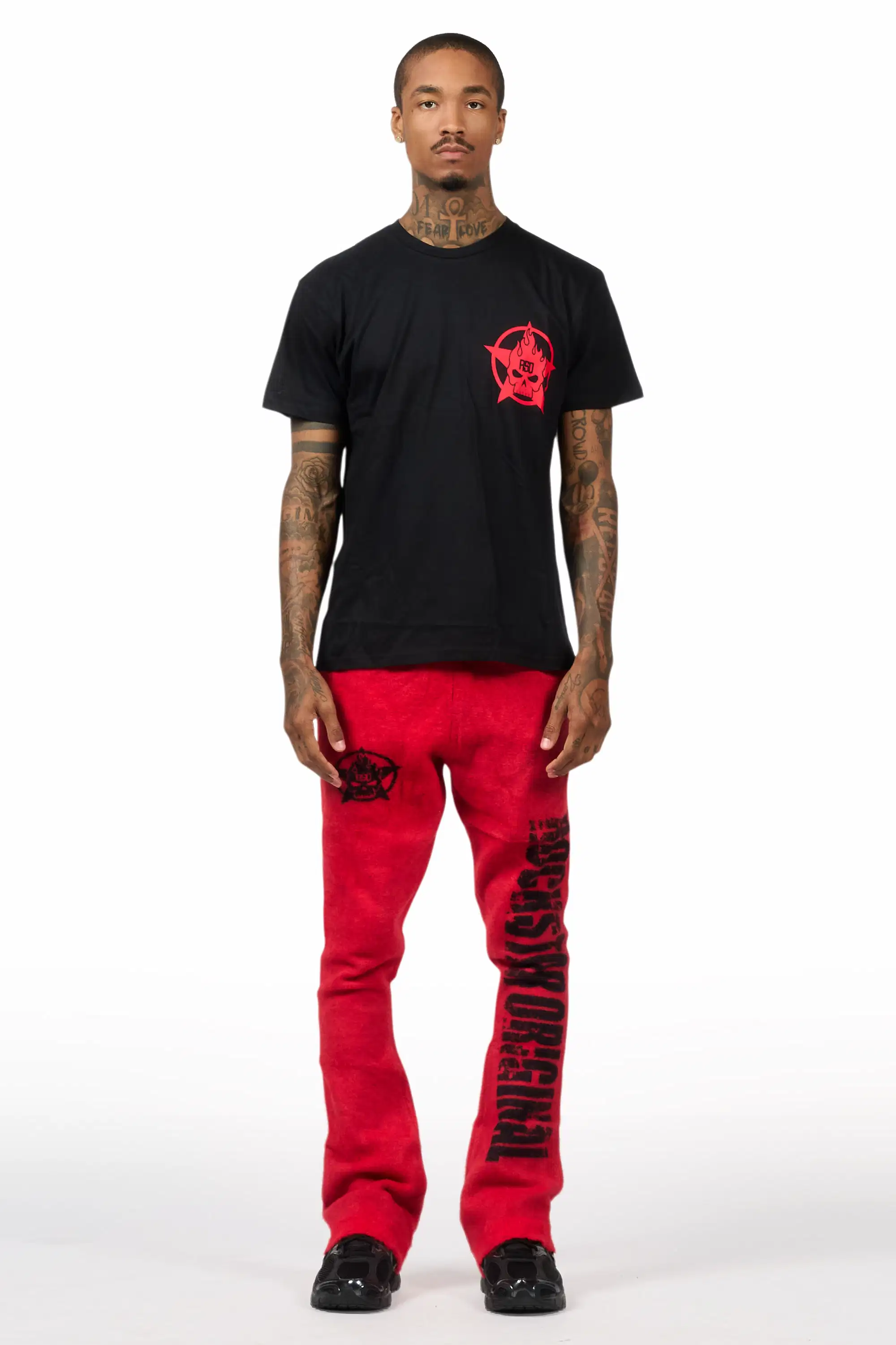 Keve Black/Red T-Shirt/Knitted Mohair Flare Pant Set - Image 7