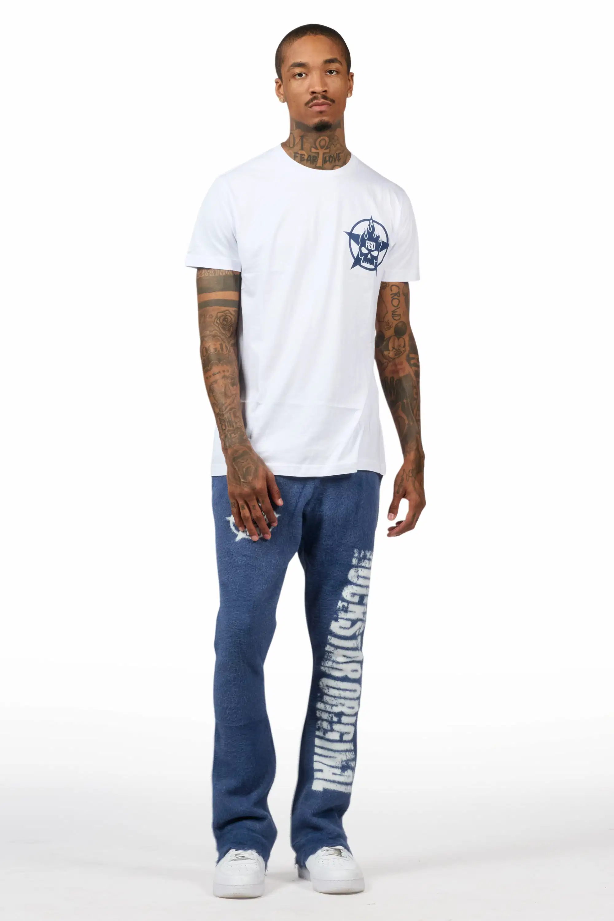 Keve White/Navy T-Shirt/Knitted Mohair Flare Pant Set - Image 2