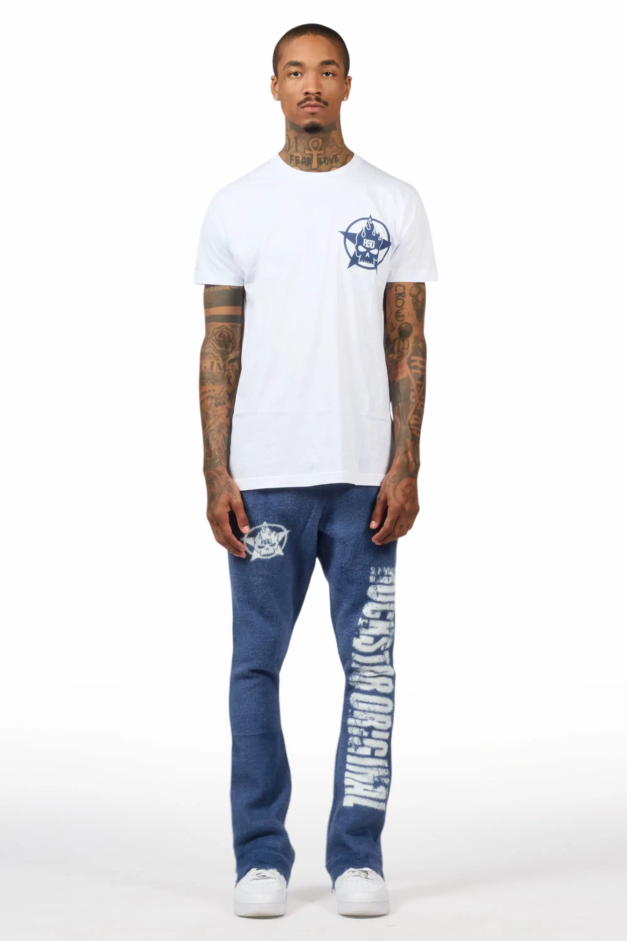Keve White/Navy T-Shirt/Knitted Mohair Flare Pant Set - Image 7