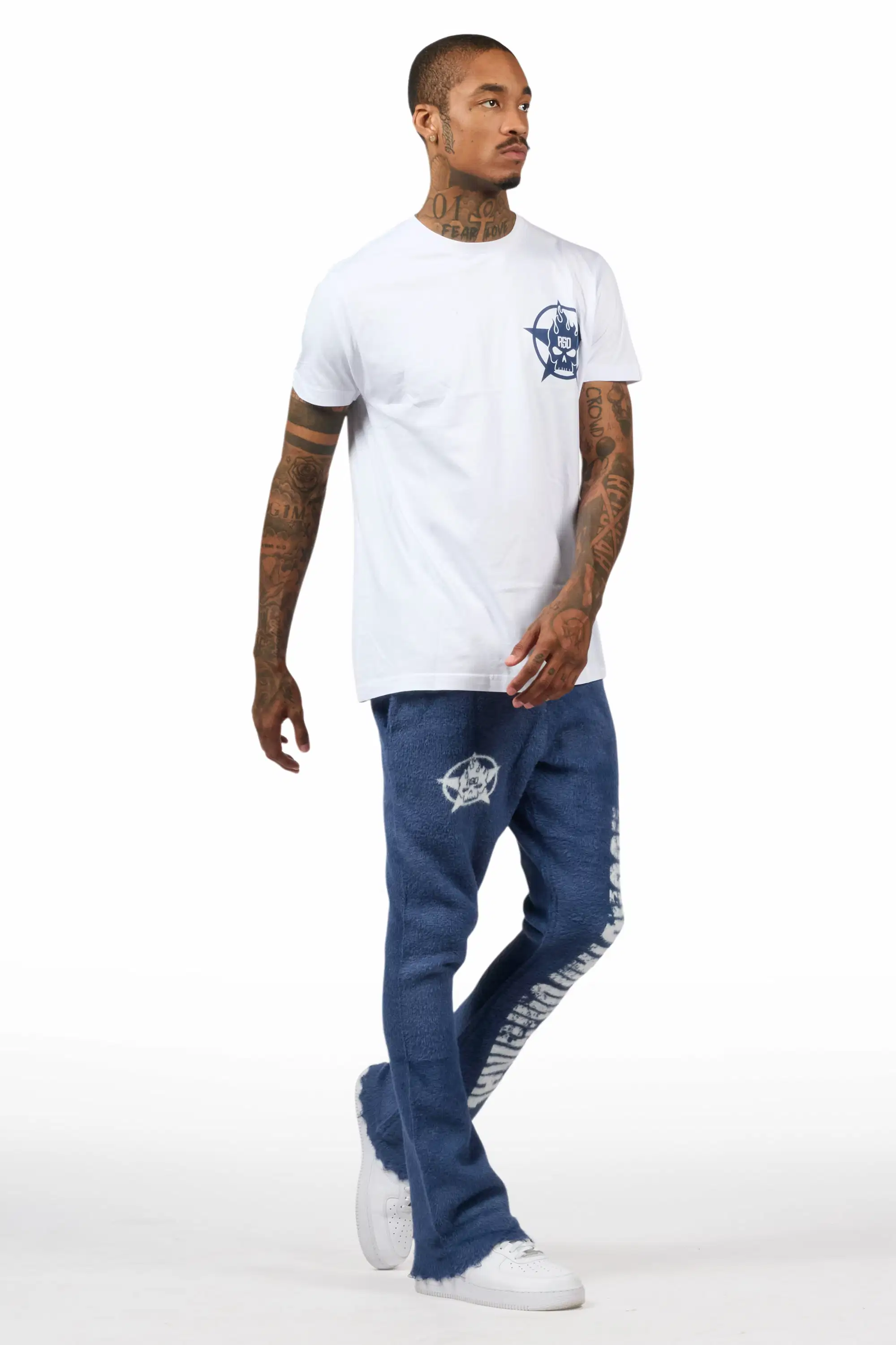 Keve White/Navy T-Shirt/Knitted Mohair Flare Pant Set - Image 8