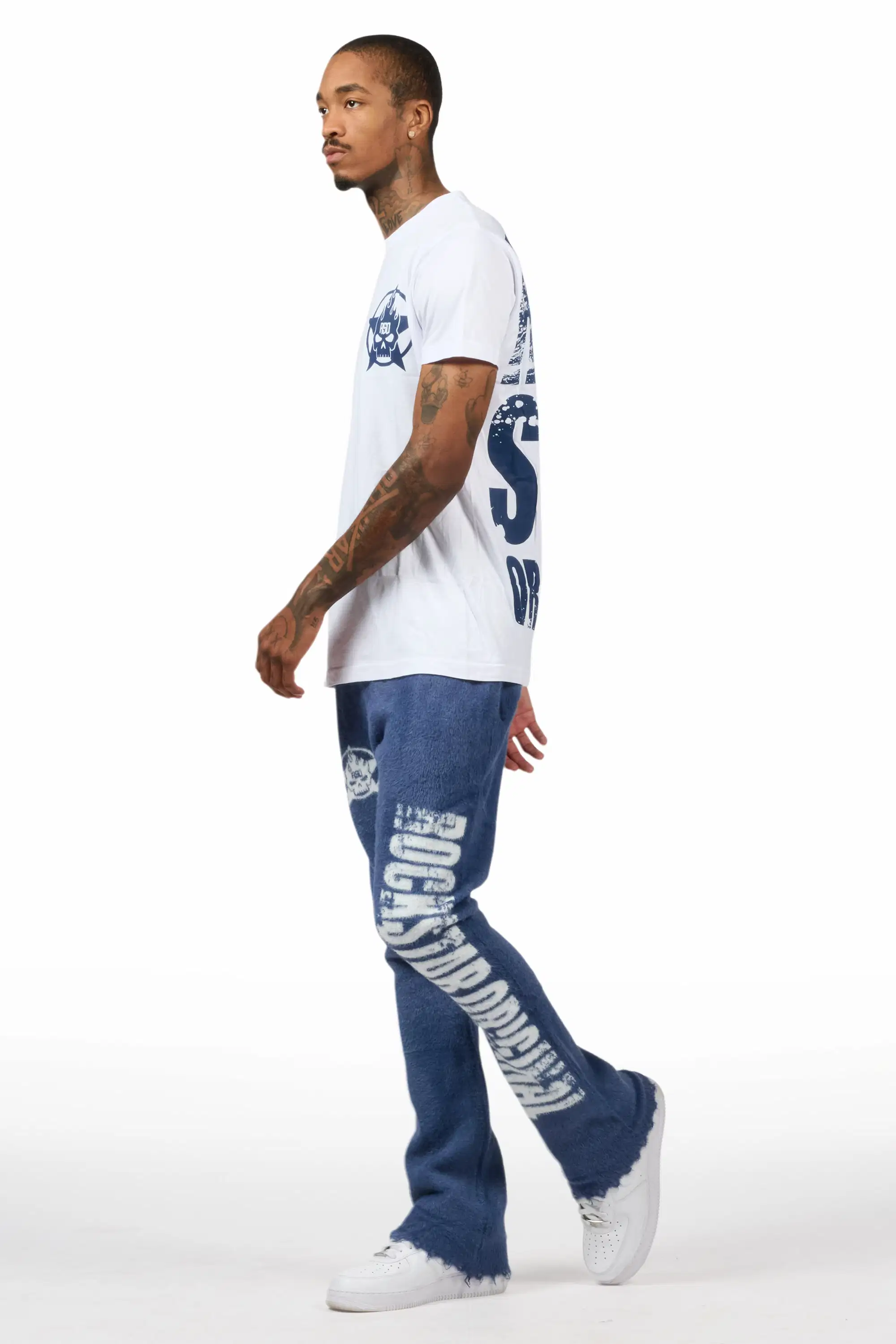 Keve White/Navy T-Shirt/Knitted Mohair Flare Pant Set - Image 9