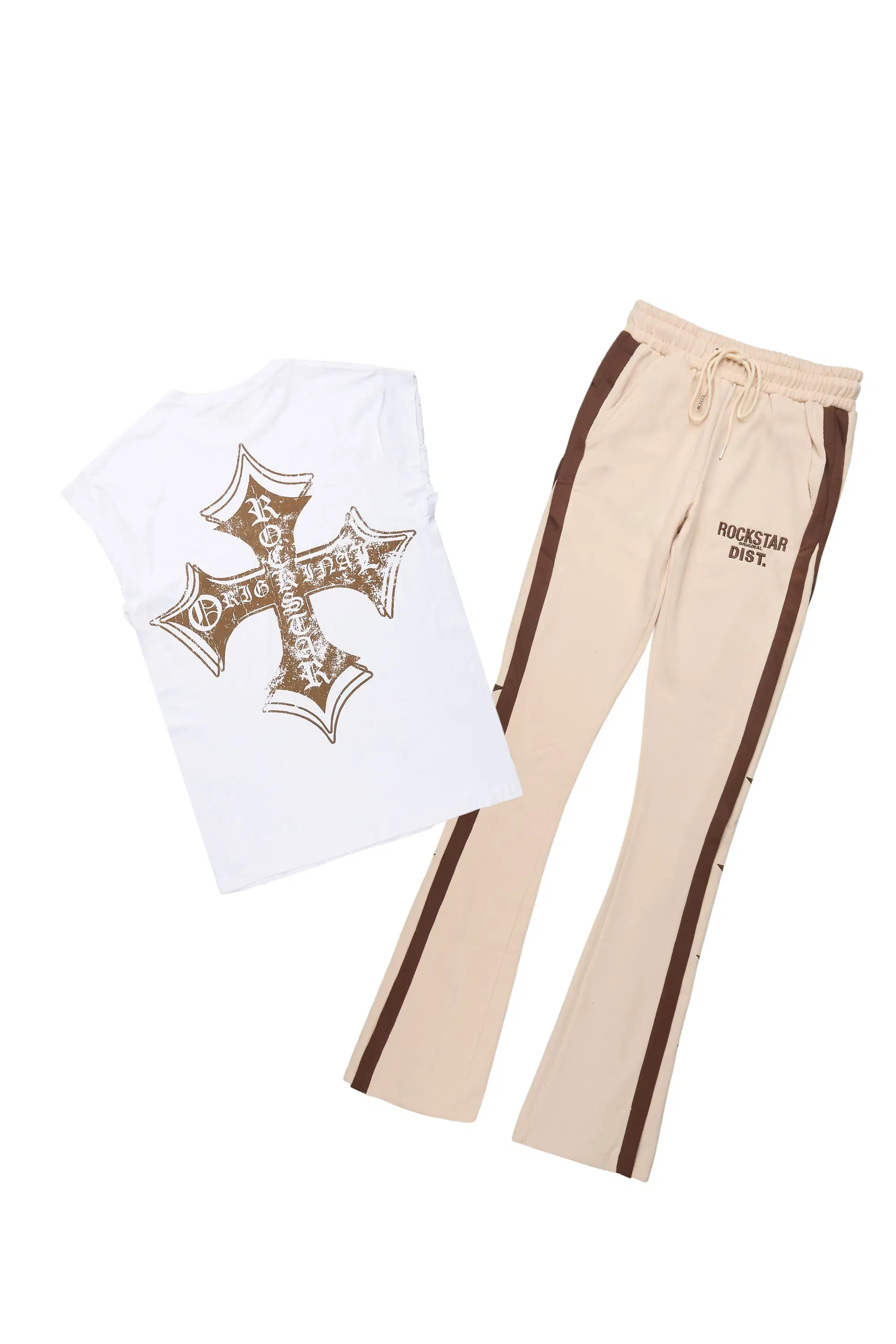 Arkady White/Beige T-Shirt/Stacked Baggy Track Pant Set