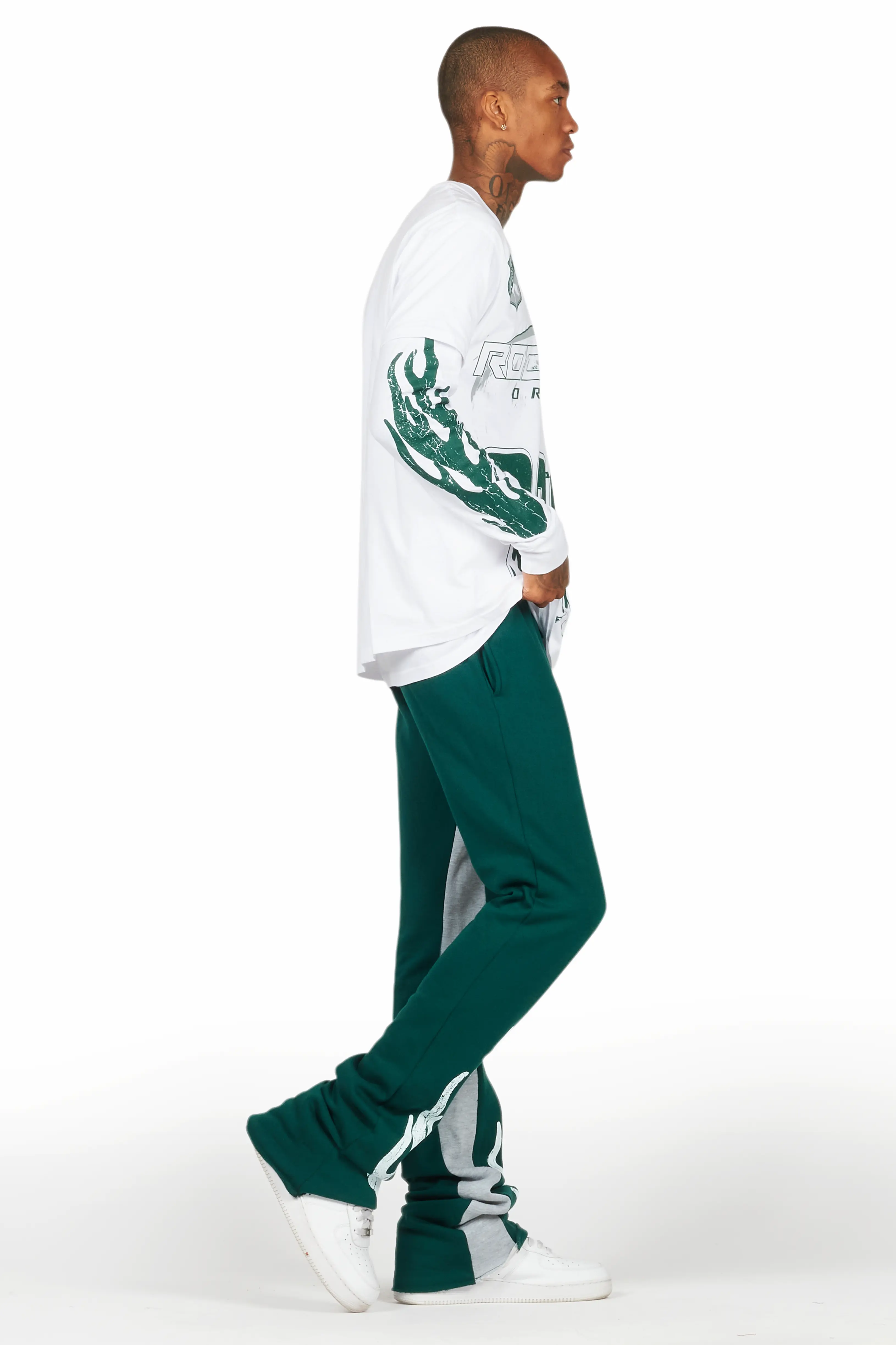 Amos White/Green Double Layer T-Shirt/Stacked Baggy Pant Set - Image 3
