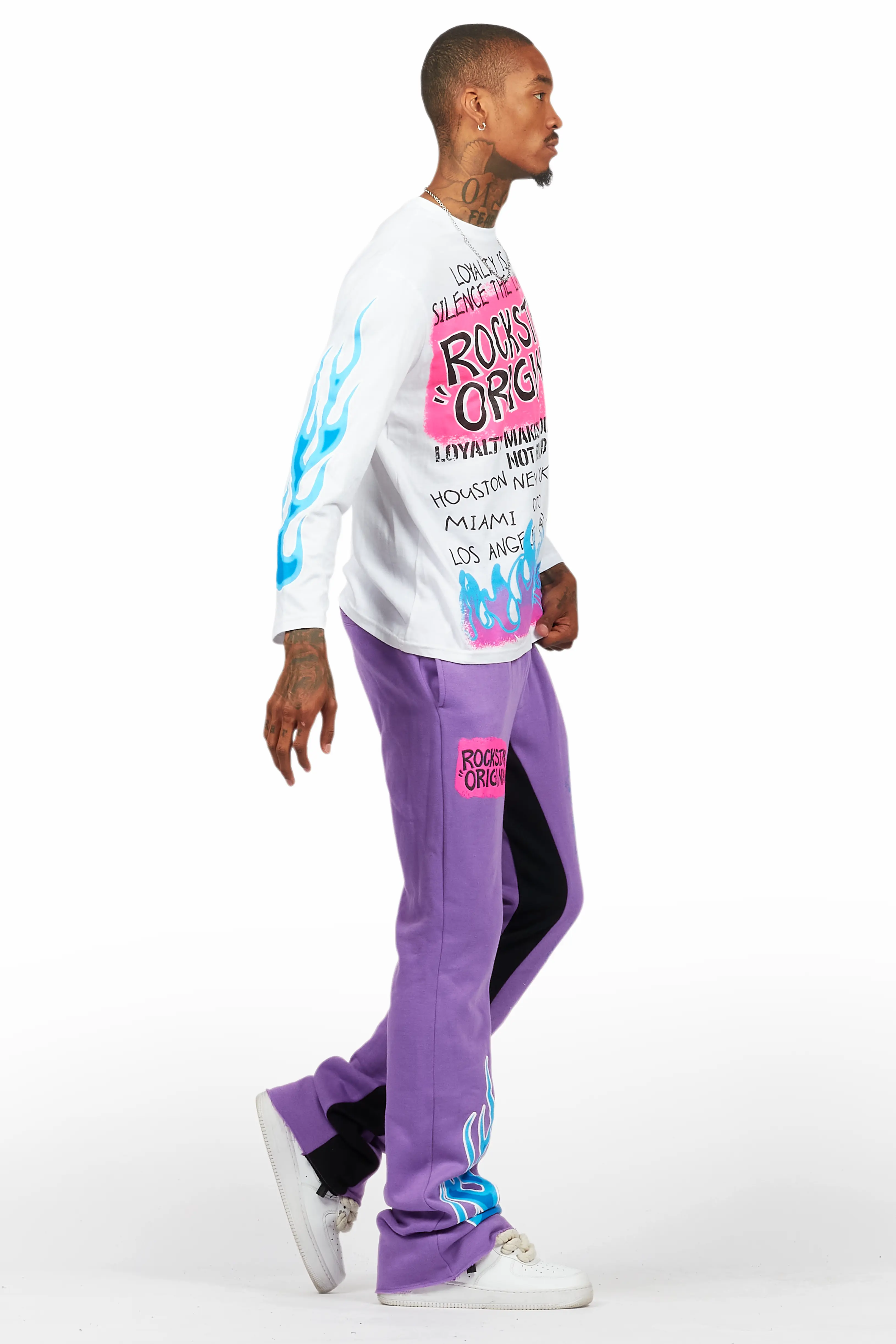 Beno Purple/White Long Sleeve T-Shirt/Baggy Pant Set - Image 3