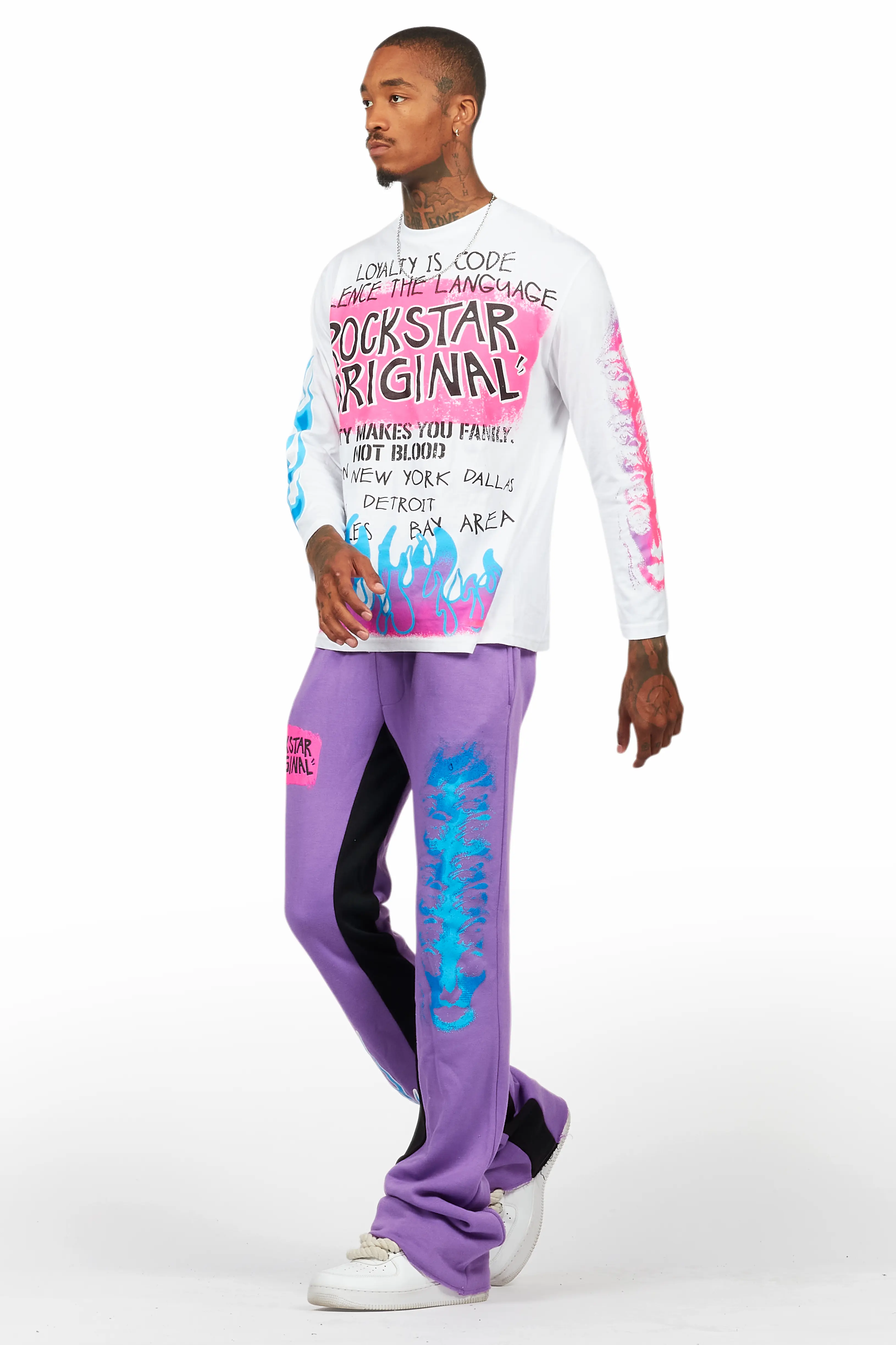 Beno Purple/White Long Sleeve T-Shirt/Baggy Pant Set - Image 5