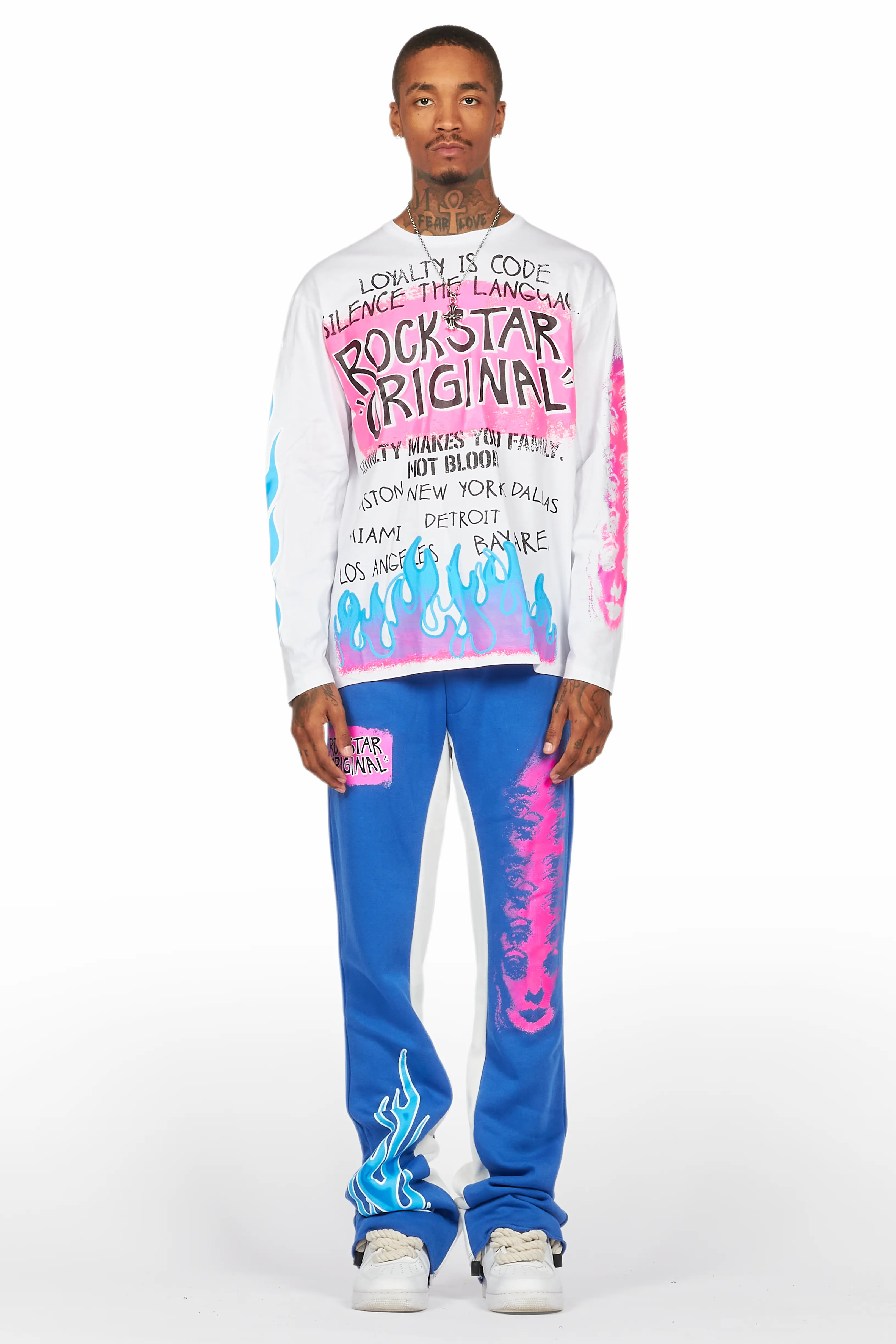 Beno White/Royal Long Sleeve T-Shirt/Baggy Pant Set - Image 2