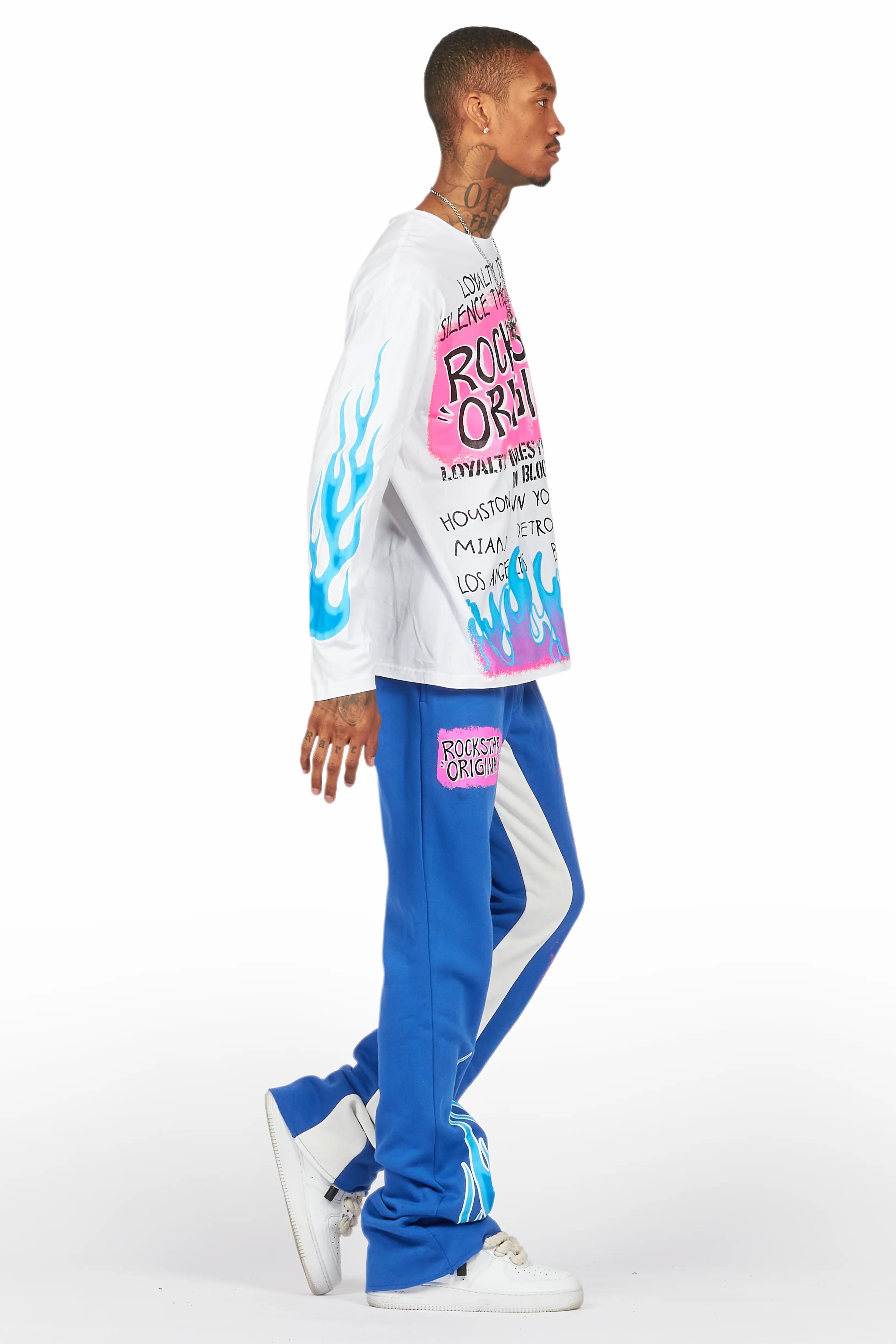 Beno White/Royal Long Sleeve T-Shirt/Baggy Pant Set - Image 3