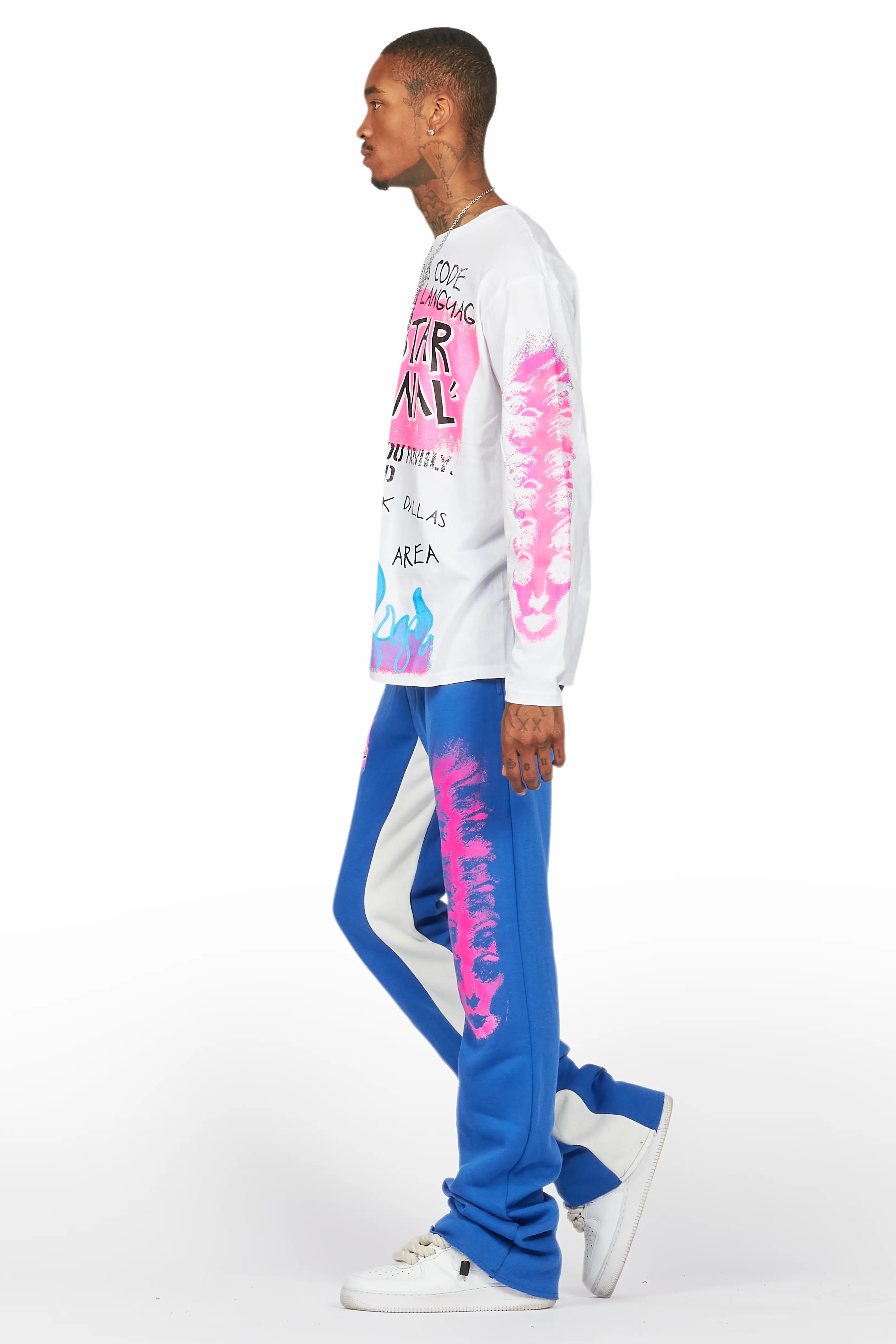 Beno White/Royal Long Sleeve T-Shirt/Baggy Pant Set - Image 5