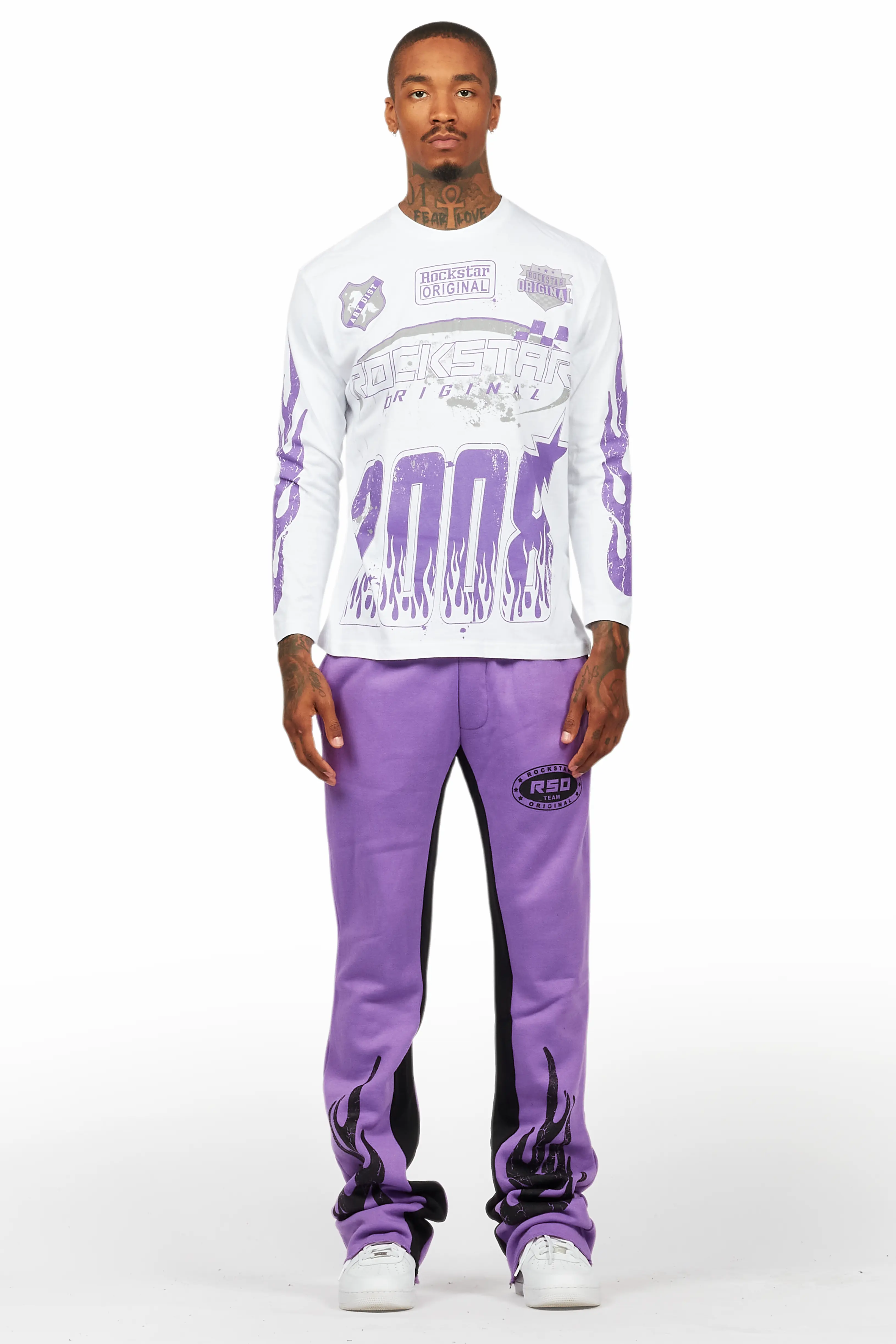 Amos Purple/White Long Sleeve T-Shirt/Stacked Baggy Pant Set - Image 2