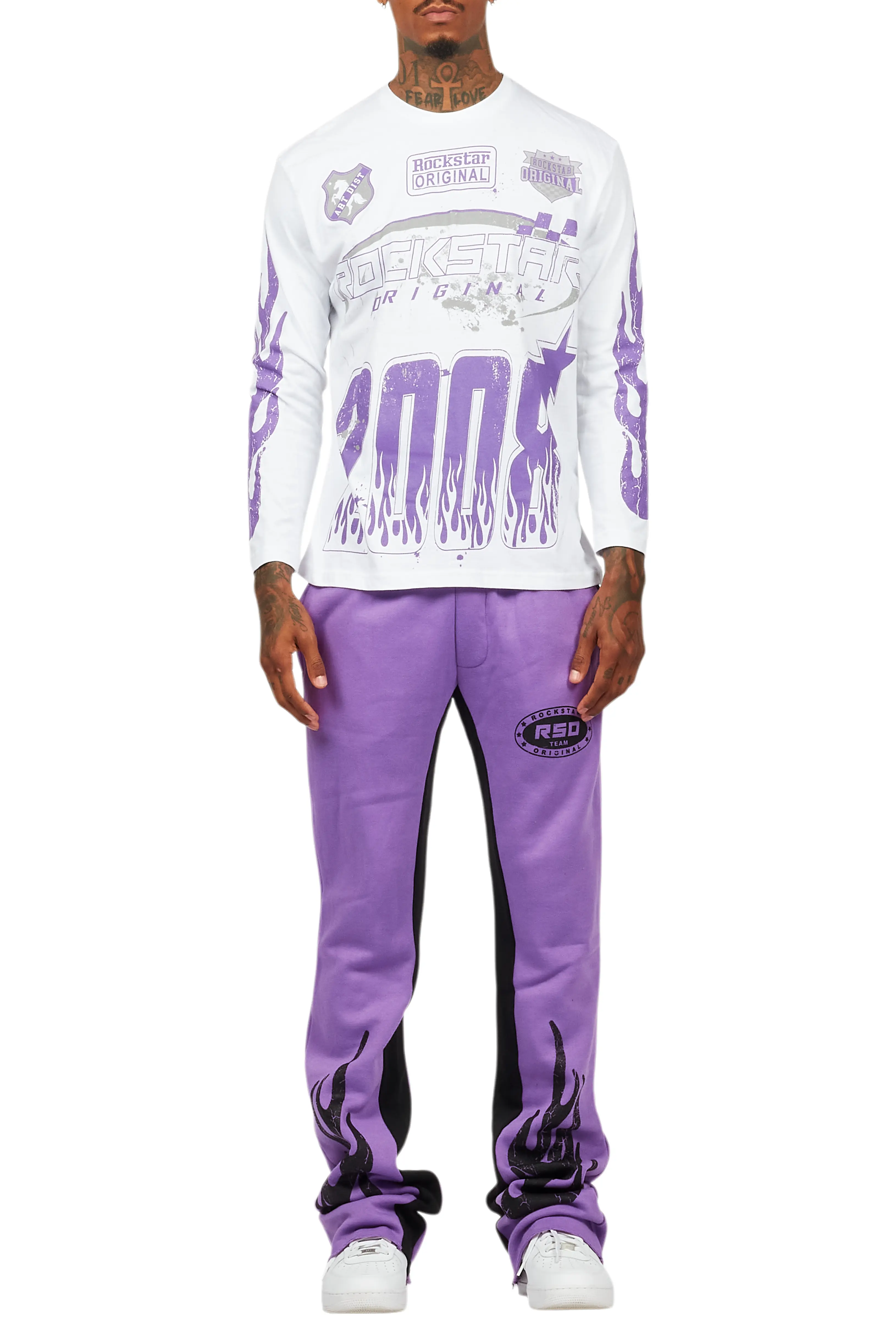 Amos Purple/White Long Sleeve T-Shirt/Stacked Baggy Pant Set - Image 9