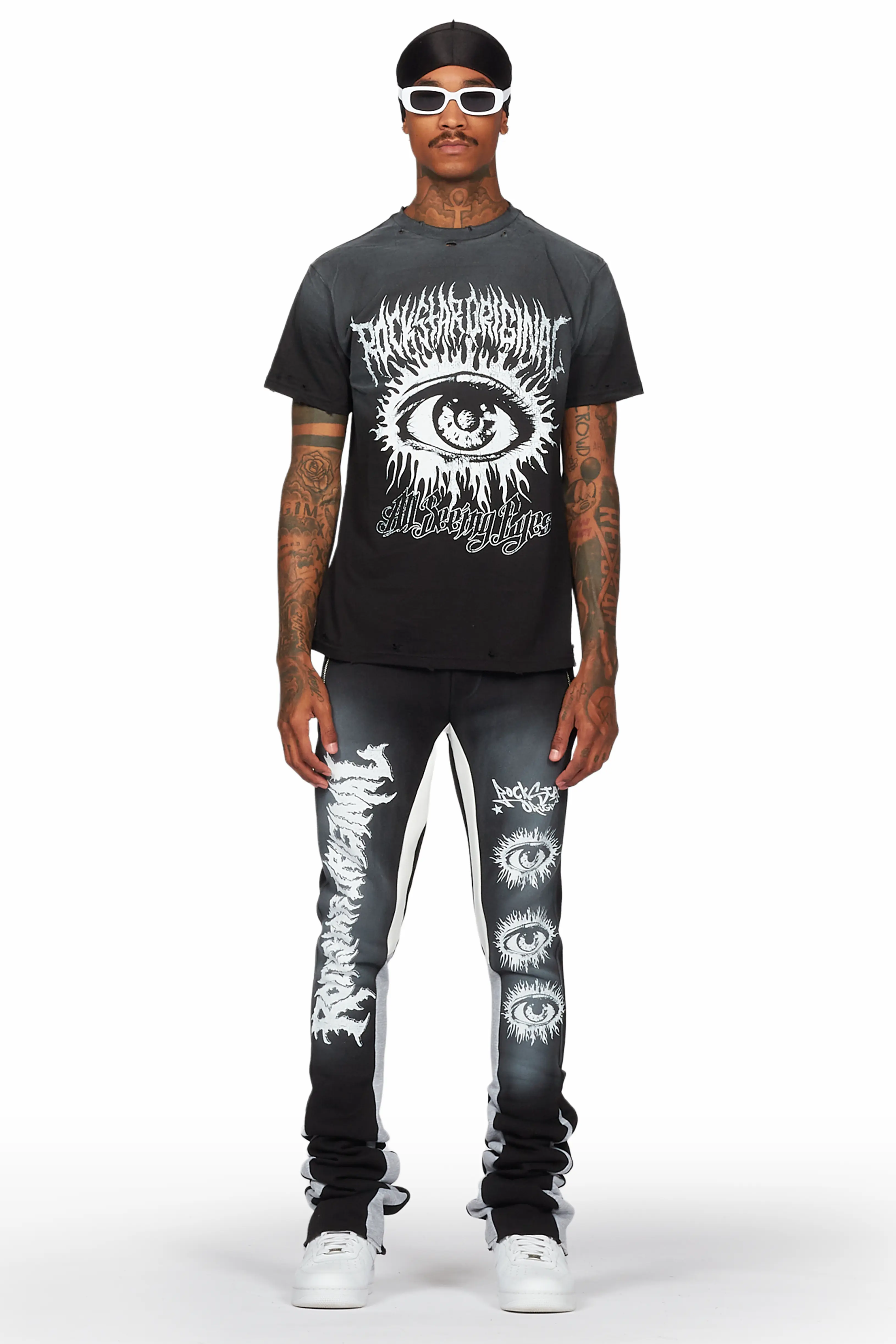 All Seeing Eyes Black T-Shirt/Super Stacked Flare Pant Set - Image 2