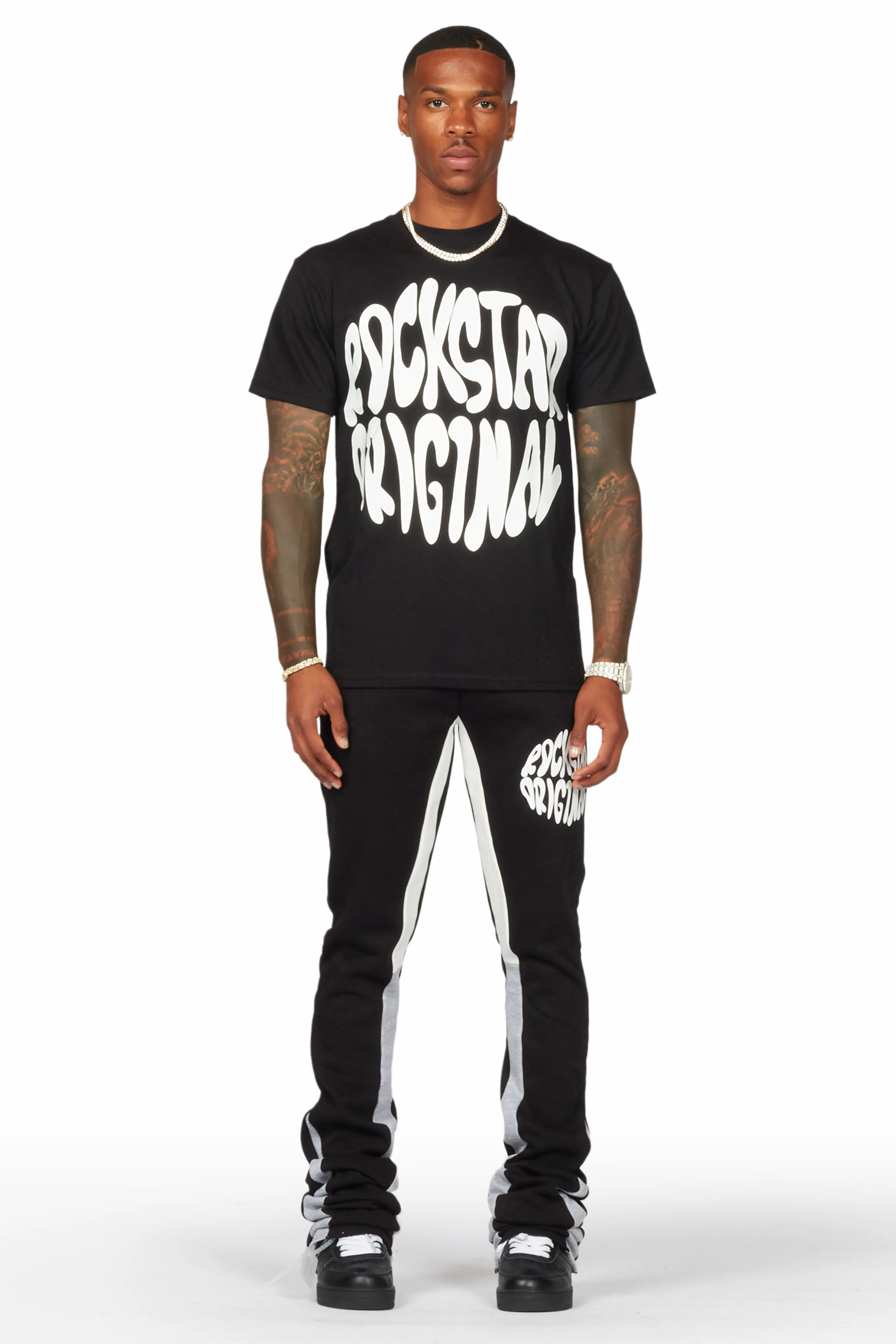 Thierry Black T-Shirt/Super Stacked Flare Track Pant Set - Image 2