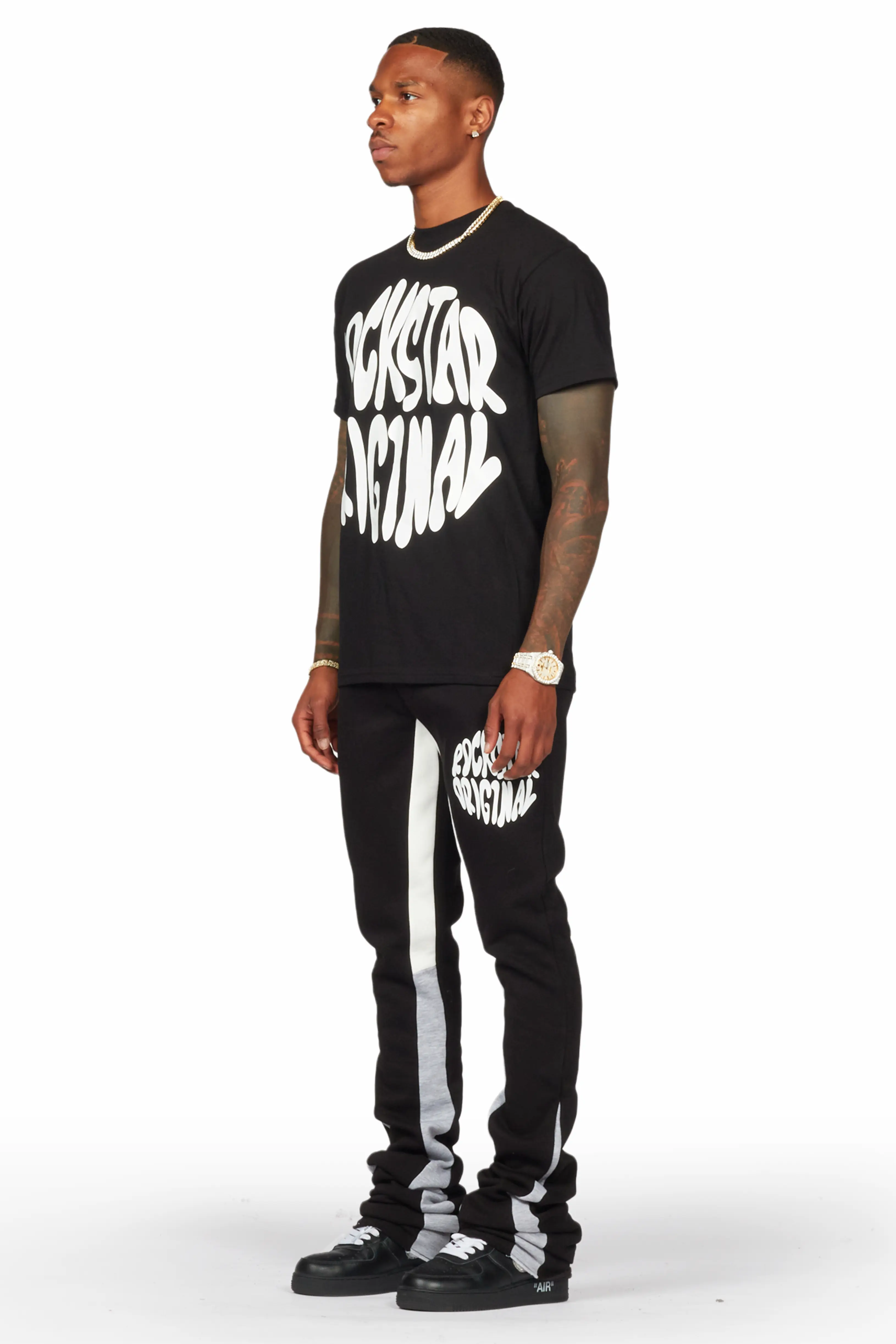 Thierry Black T-Shirt/Super Stacked Flare Track Pant Set - Image 3