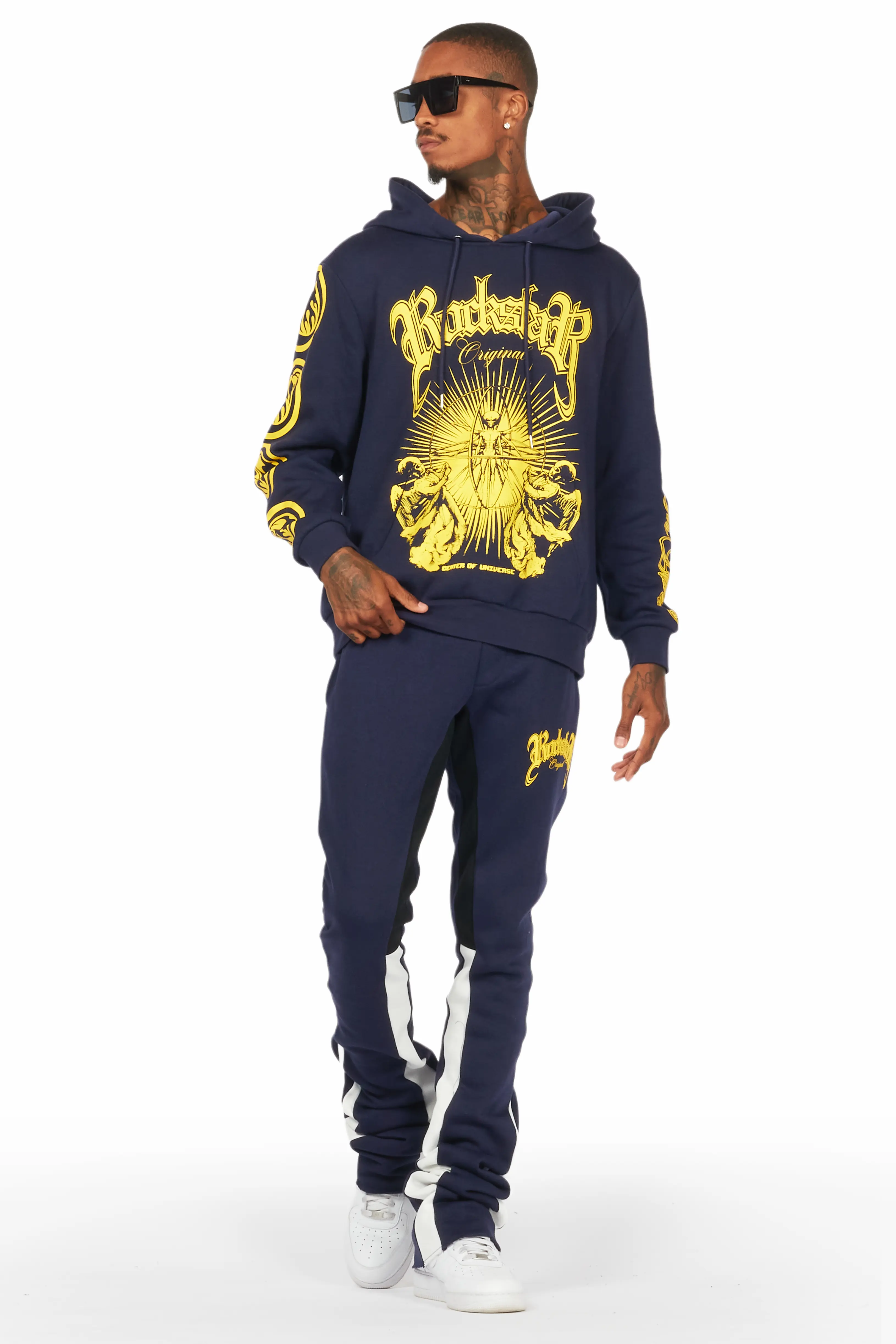 Yarden Navy Hoodie/Super Stacked Flare Pant Track Set - Image 2