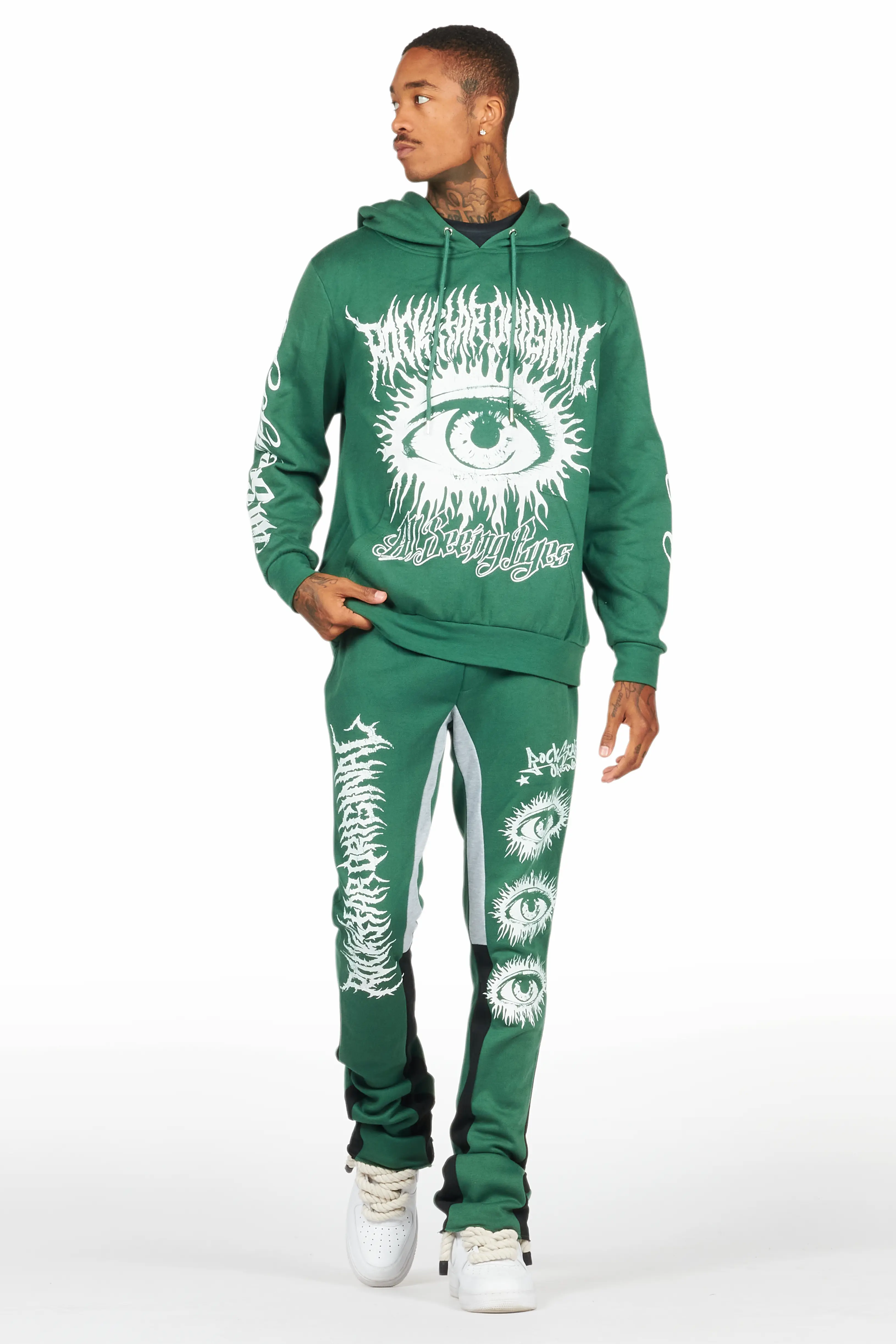 All Seeing Eyes Dark Green Stacked Flare Track Pant Set - Image 2