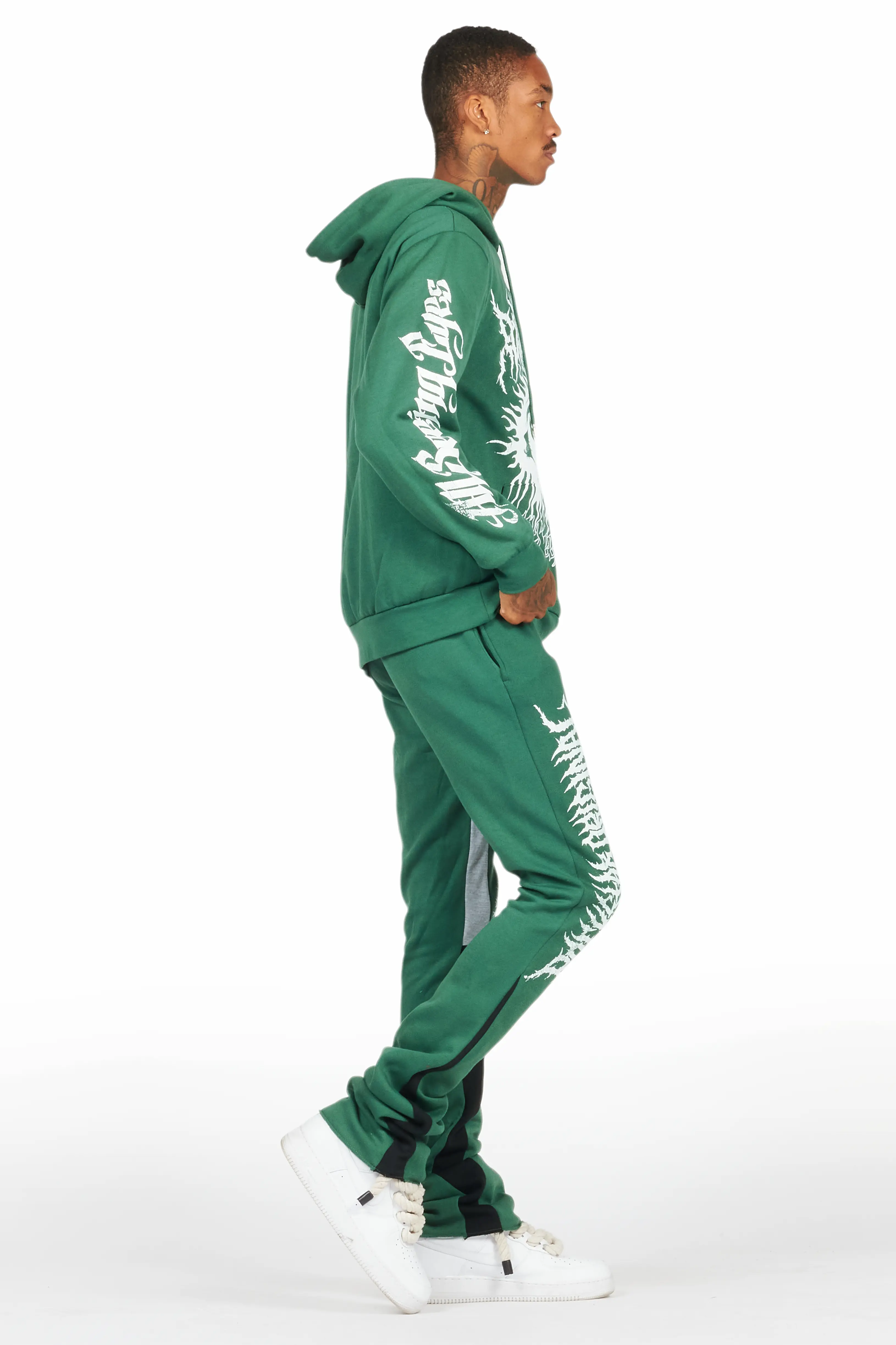 All Seeing Eyes Dark Green Stacked Flare Track Pant Set - Image 3