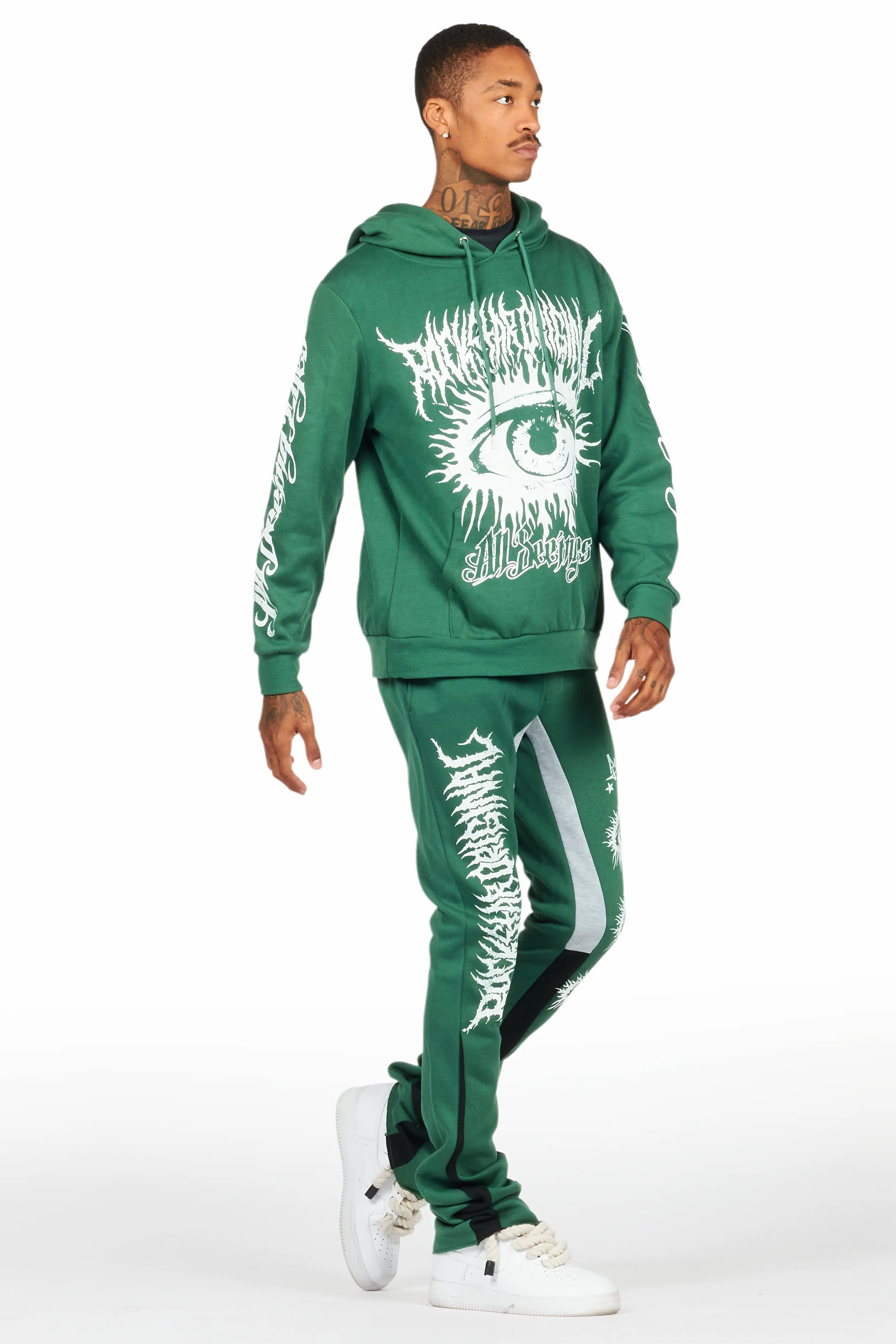 All Seeing Eyes Dark Green Stacked Flare Track Pant Set - Image 7