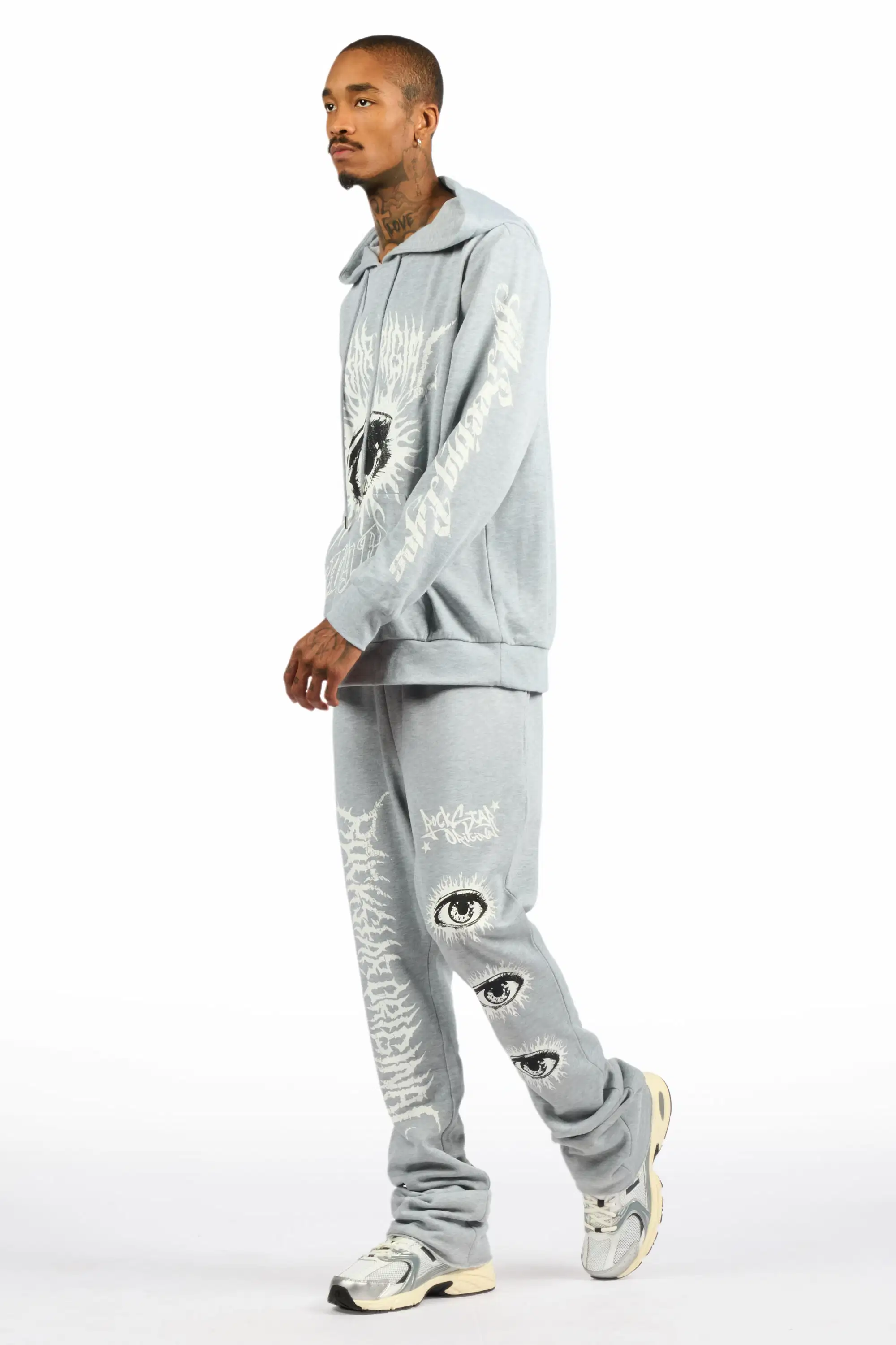 All Seeing Eyes Heather Grey Stacked Flare Track Pant Set - Image 5