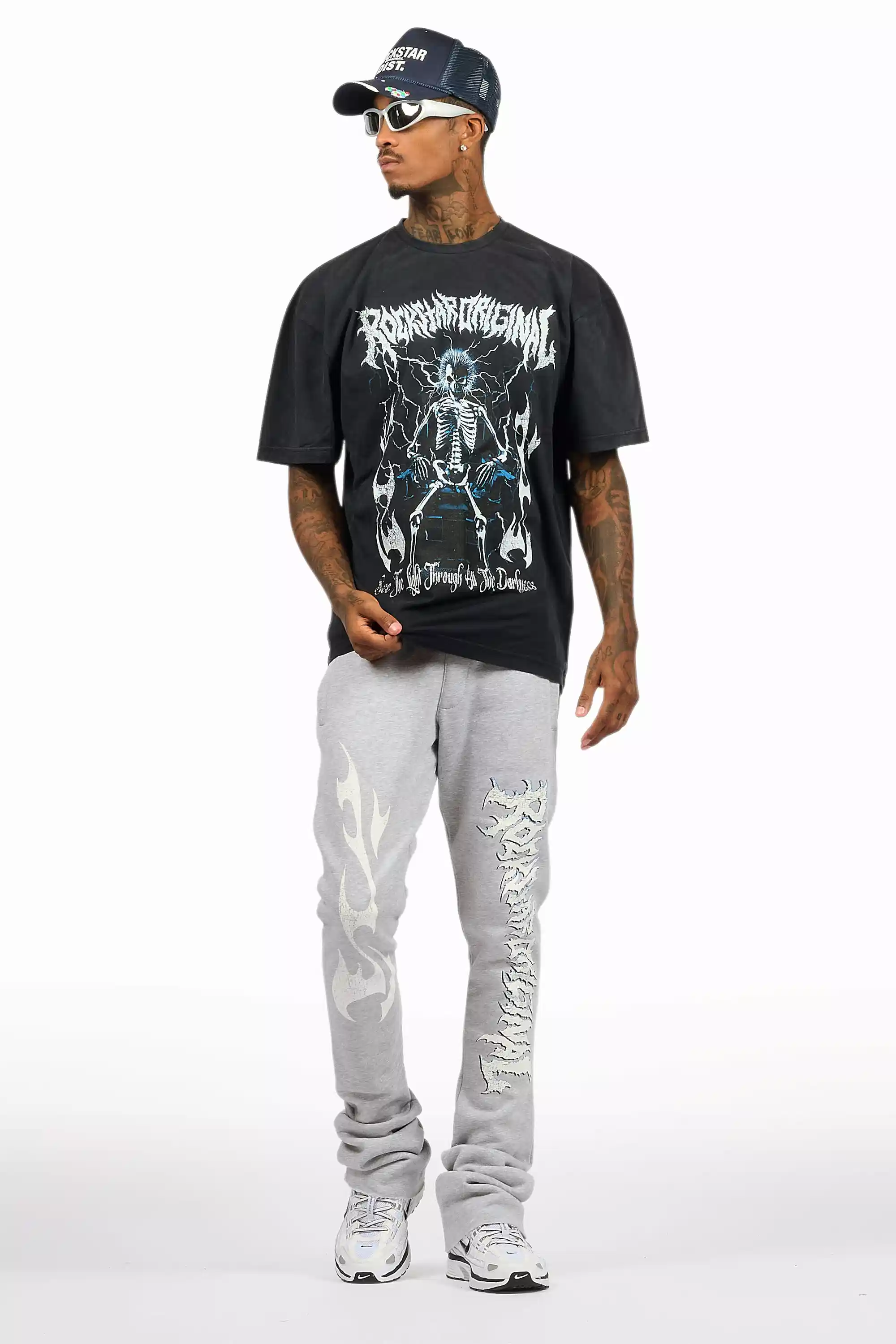Exodus Charcoal Grey T-Shirt/Stacked Flare Track Pant Set - Image 2
