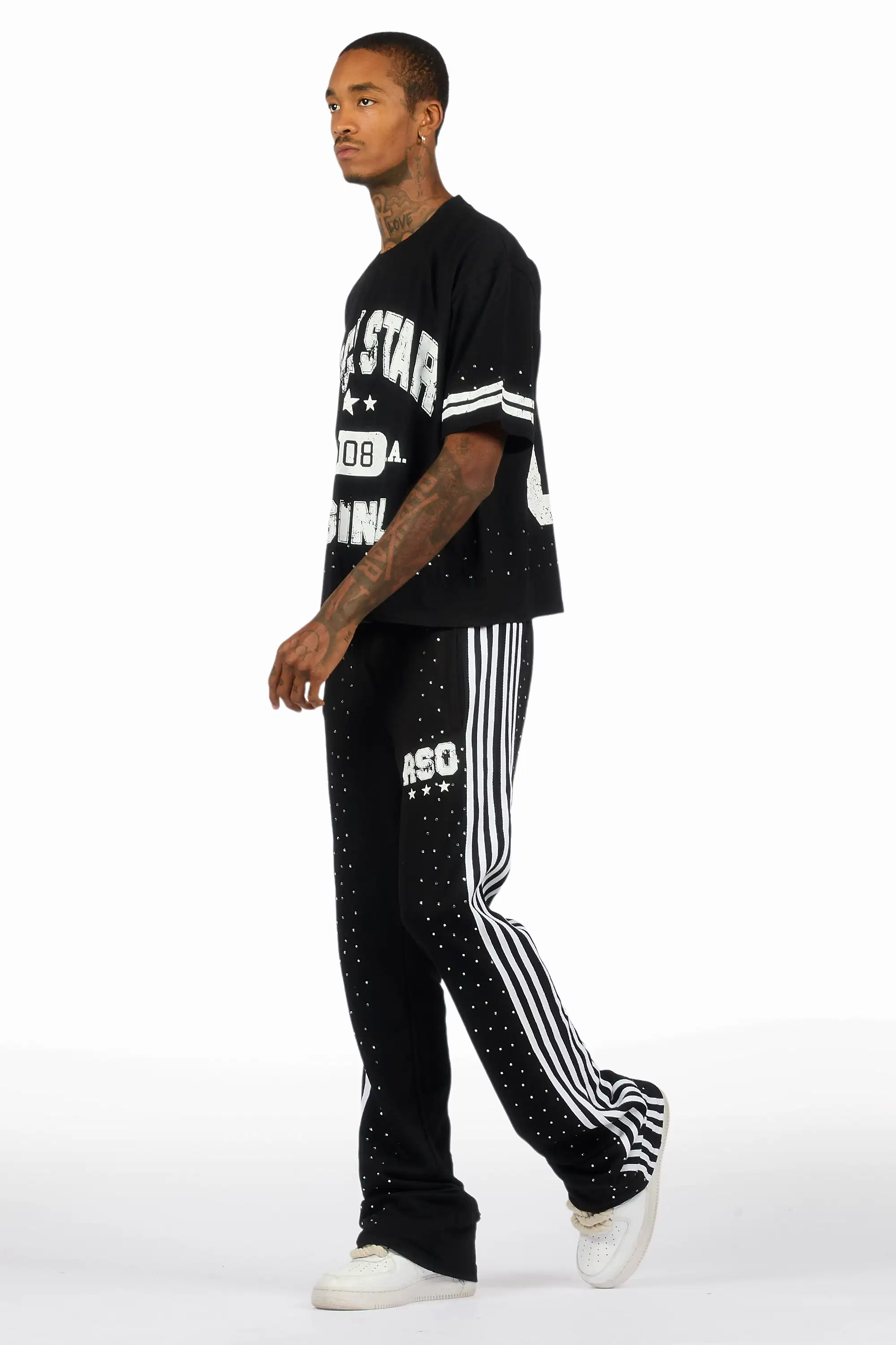 Tylla Black Rhinestone T-Shirt/Baggy Stacked Track Set - Image 5