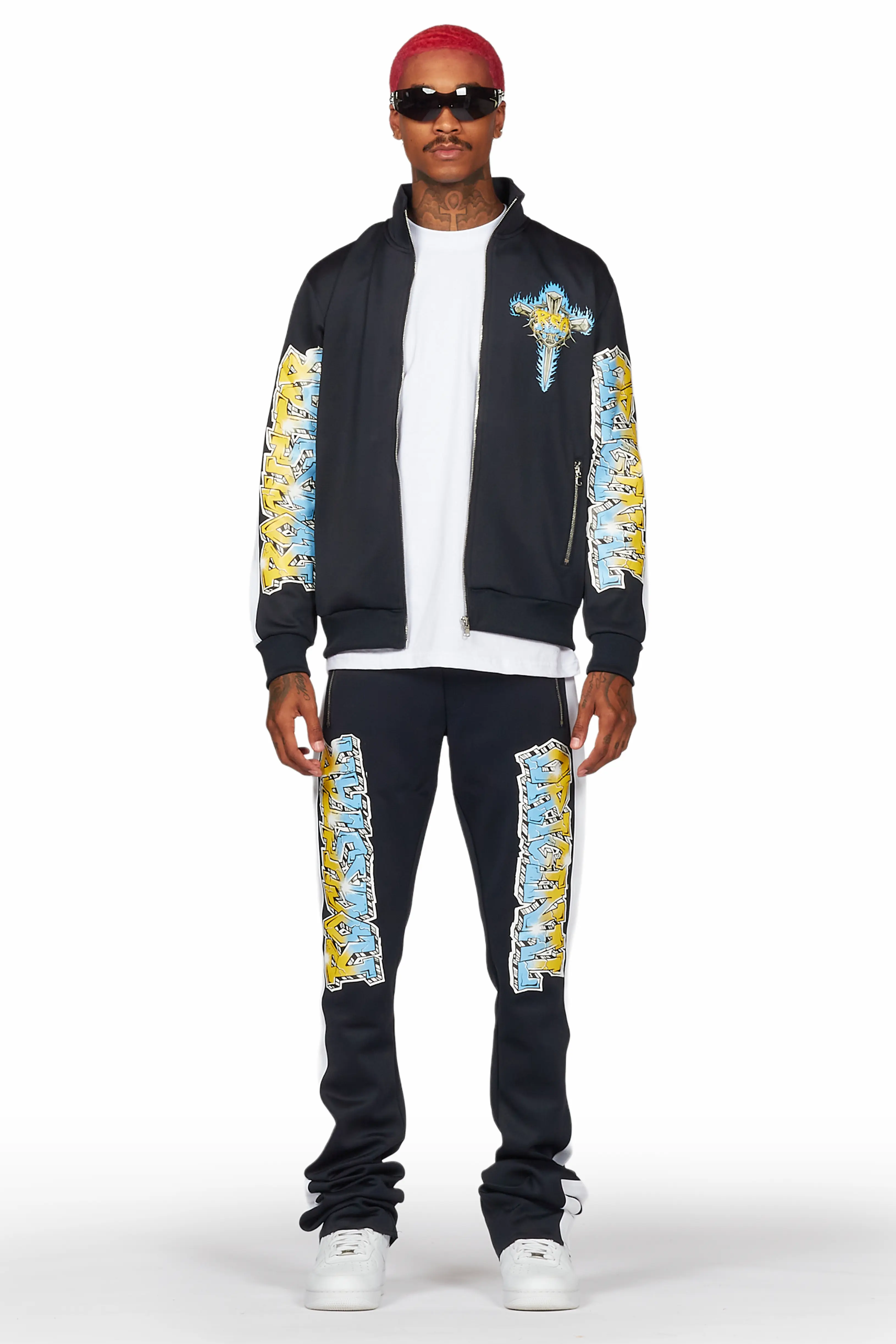 Quinton Black Graphic Tricot Stacked Flare Track Set - Image 2