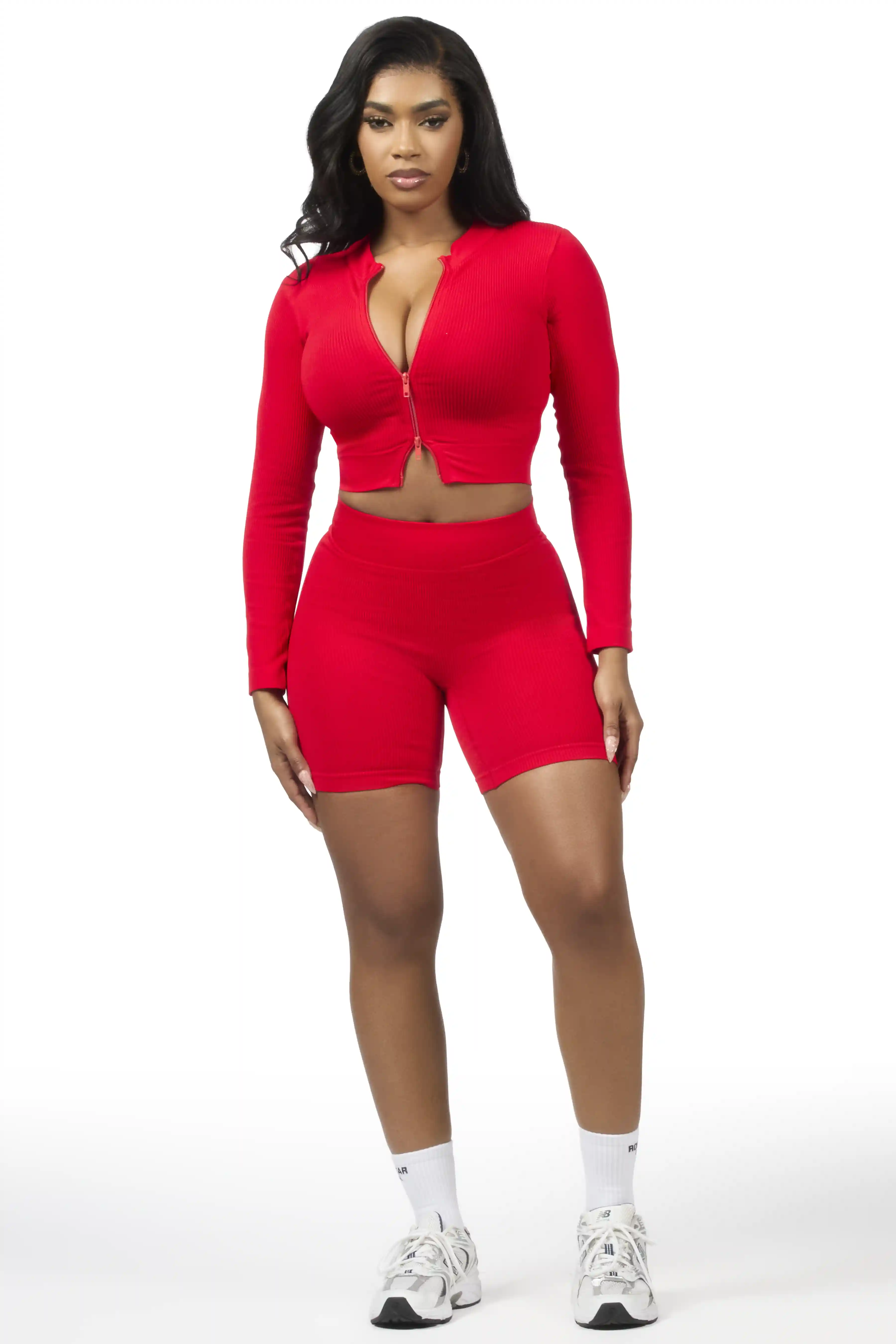 Candree Red Zip Up Active Bike Short Set