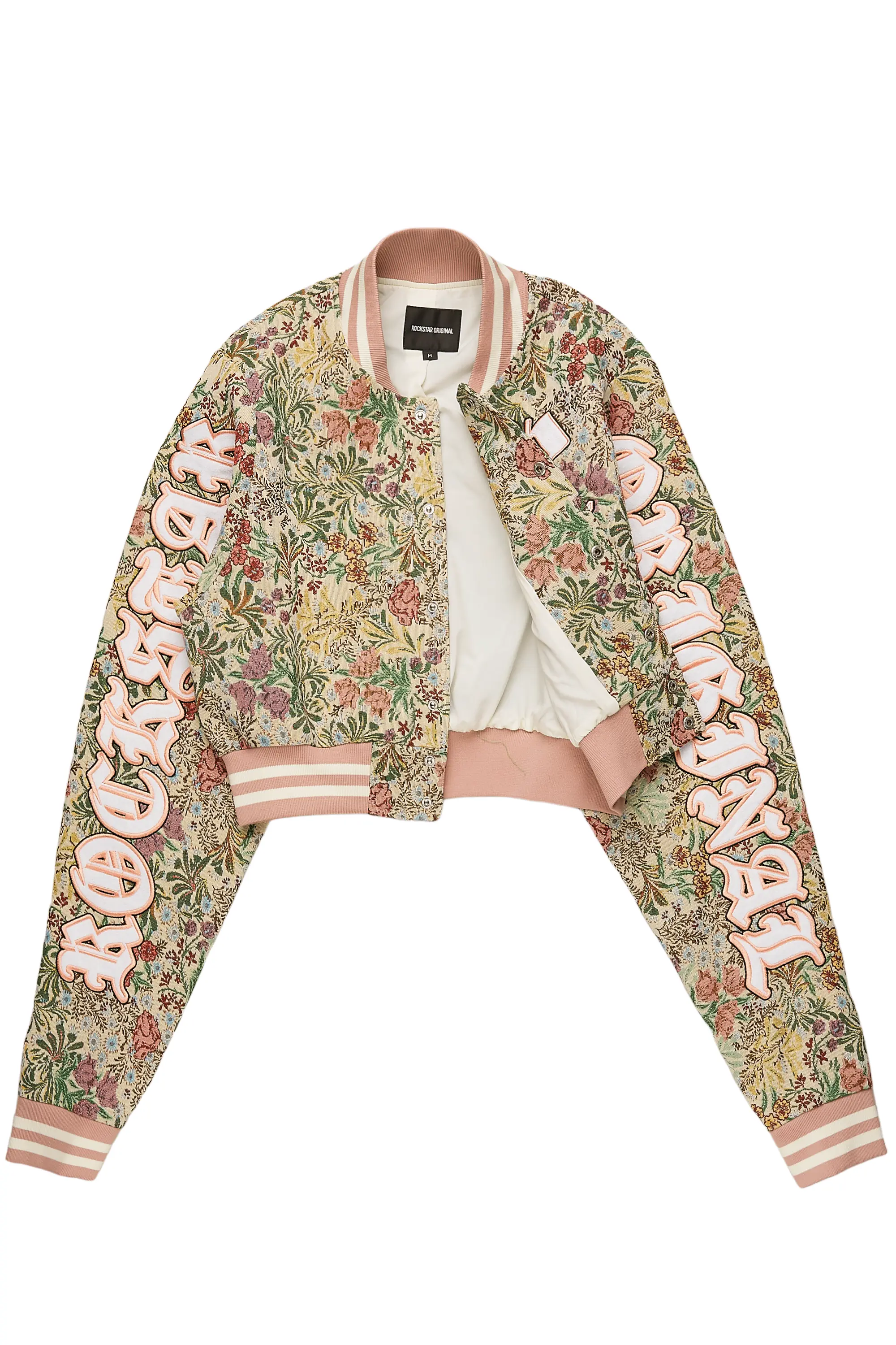 Kyiori Beige Crop Tapestry Varsity Jacket - Image 16
