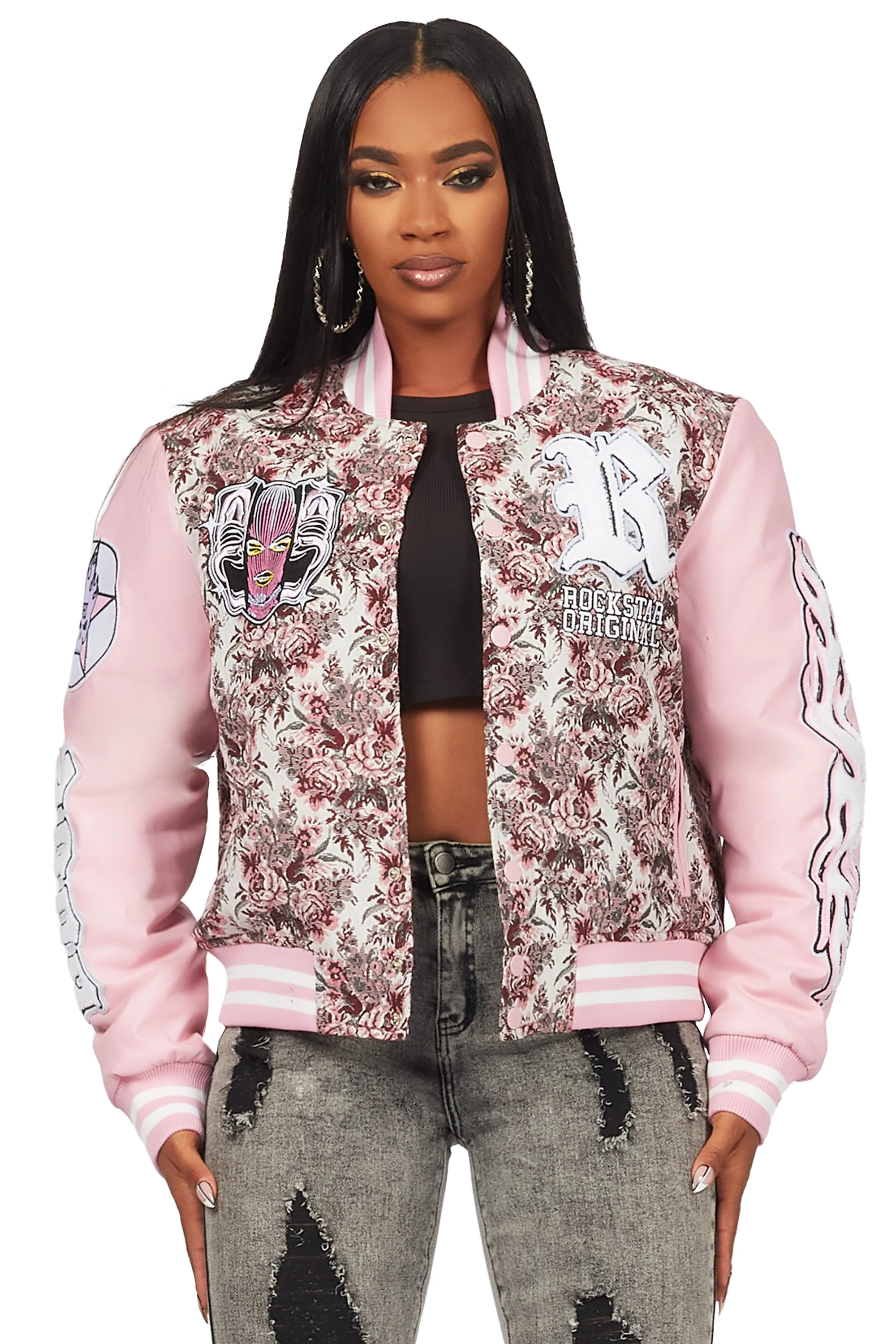 Lakiela Pink Oversized Tapestry Varsity Jacket - Image 5