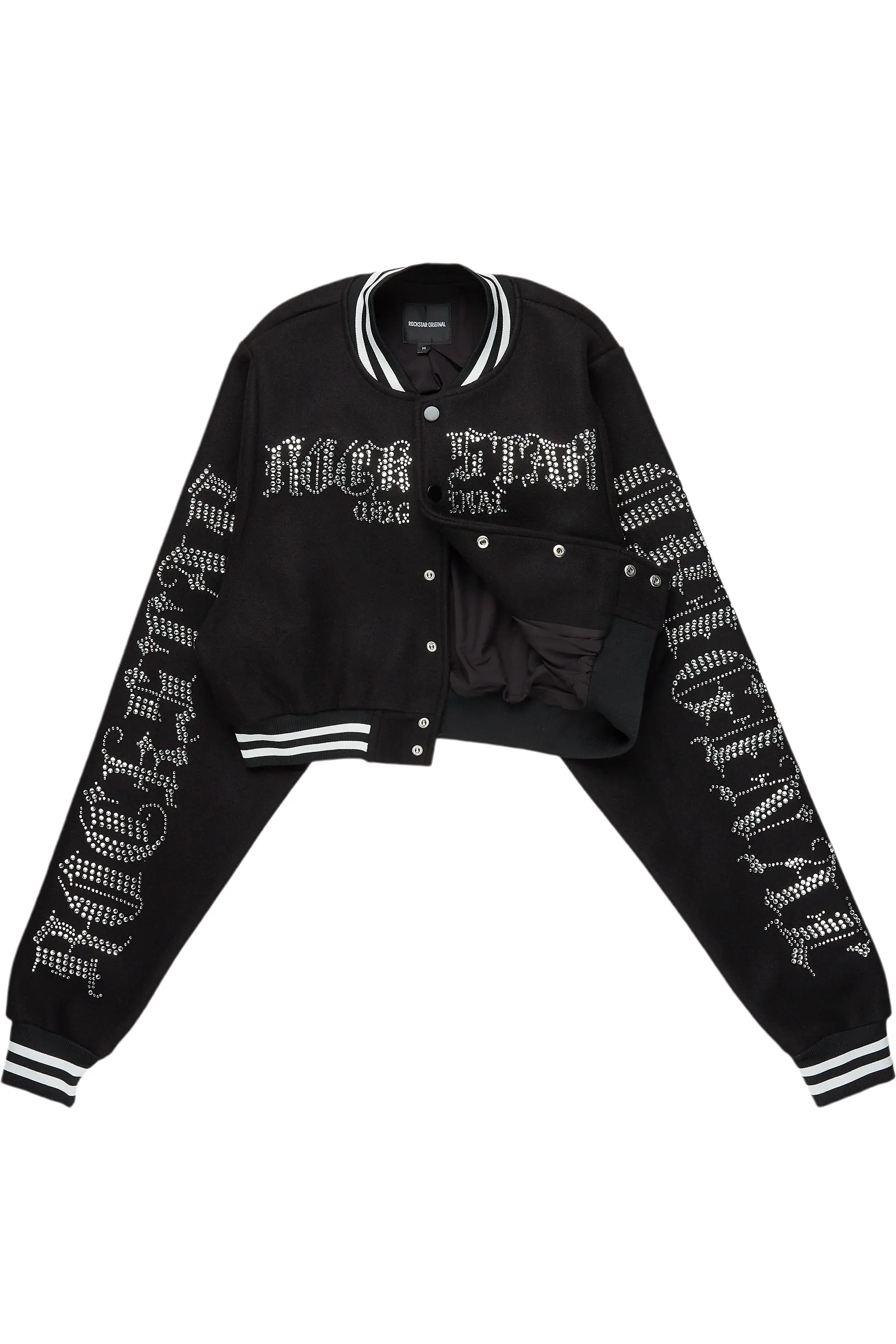 Gianni Black Crop Rhinestone Varsity Jacket - Image 4