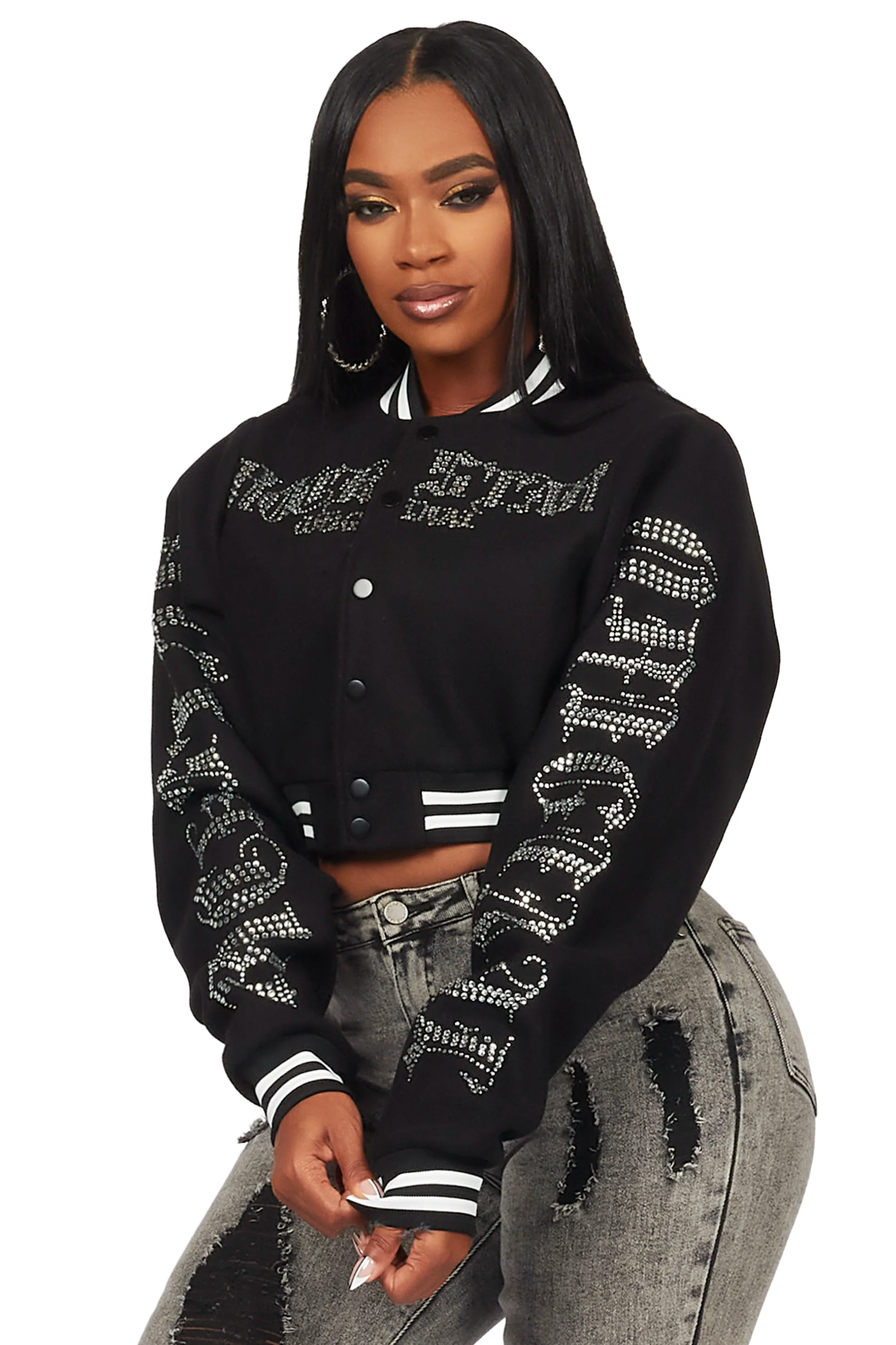 Gianni Black Crop Rhinestone Varsity Jacket - Image 9